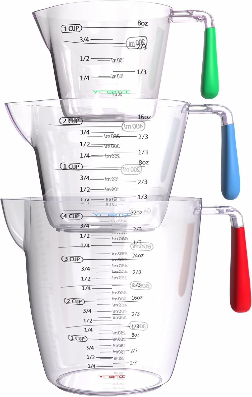 Vremi 3 Piece Plastic Measuring Cups Set – BPA Free Liquid Nesting Stackable Measuring Cups with Spout and Decorative Red Blue and Green Handles – includes 1, 2 and 4 Cup with Ml and Oz Measurement