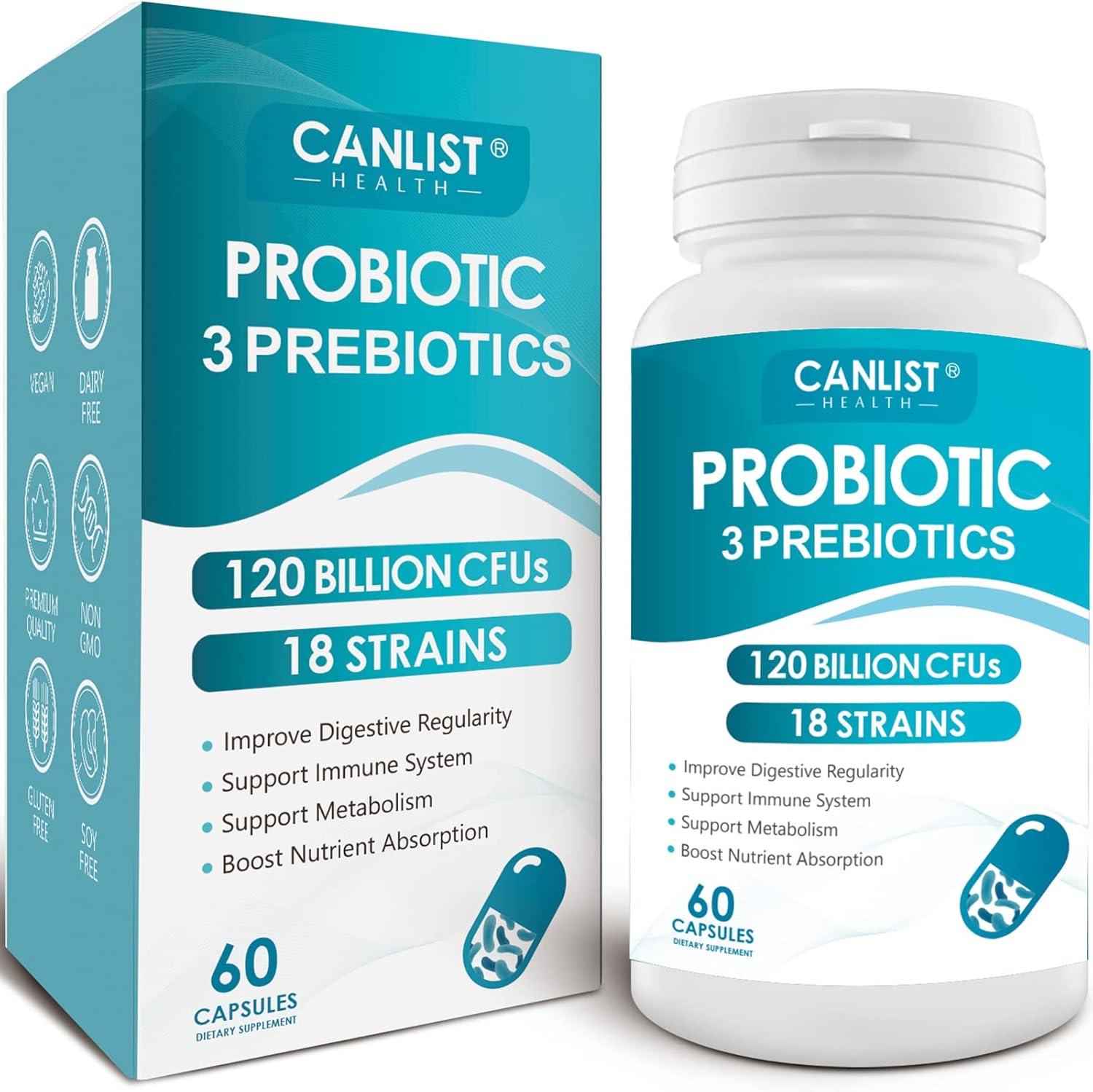 Probiotics 120 Billion CFUs 18 Strains, 3 Prebiotics & Digestive Enzymes for Men Women ,Digestive & Immune Support ,Shelf Stable Non-GMO 60 Vegetarian Capsules, Blue-1