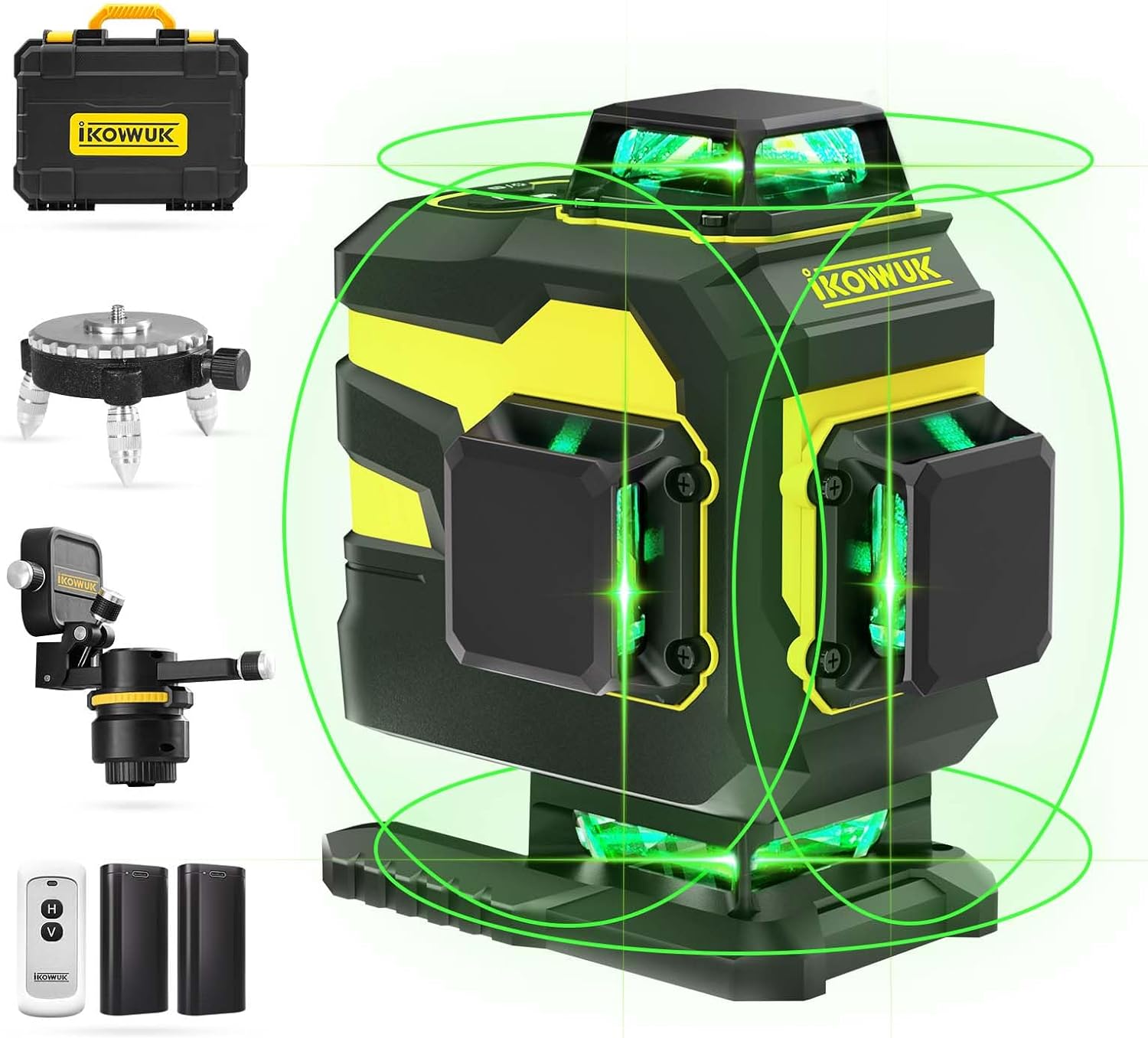 IKOVWUK 4×360° Laser Level Pro Kit, Self-leveling Tool for Construction, Tiling Floor & Picture Hanging, 4D Cross Line Laser Level with Fine-tuning Bracket, 16 Lines Laser level with 2*4000mAh Battery