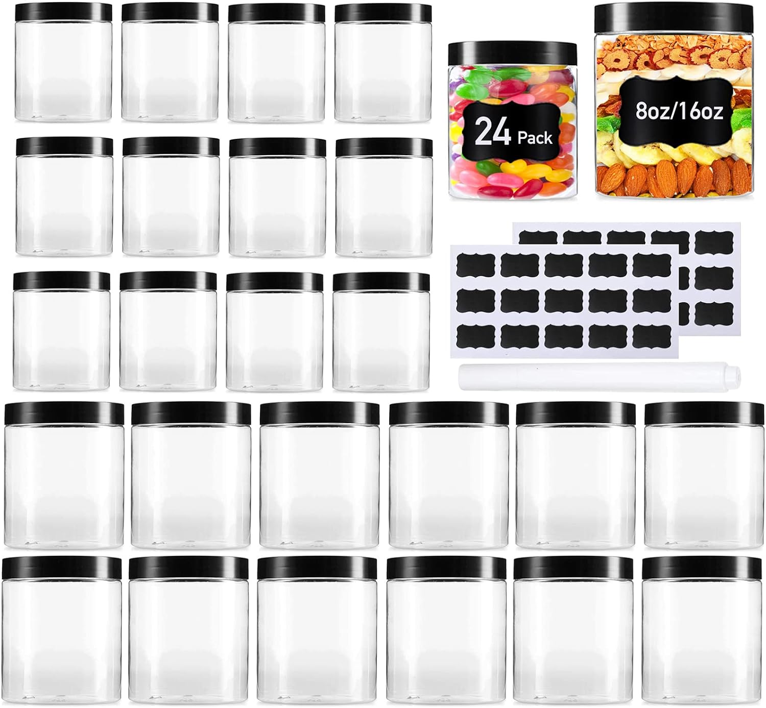 Vivimee 24 Pack Plastic Jars with Lids 16 oz (12 Pack) & 8 oz (12 Pack), Clear Plastic Mason Jars, Leakproof Slime Containers for Peanut, Spice, Cookie, Candy and Dry Food, Empty Jars for Storage