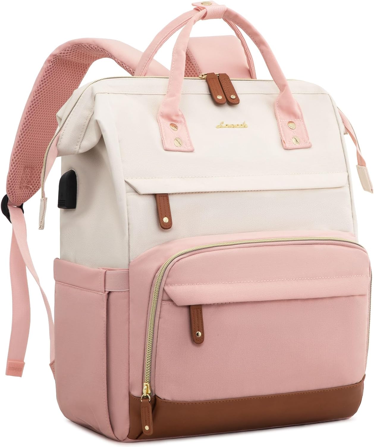 LOVEVOOK Travel Backpack for Women, Laptop Backpack Woman Purse with USB Port, 15.6 inch Large Capacity Doctor Nurse Bag backbag, Waterproof Casual Daypack for Work,Carry on,Daily, White-Pink