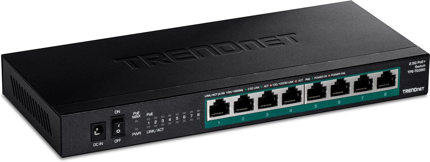 TRENDnet 8-Port Unmanaged 2.5G PoE+ Switch, Fanless, Compact Desktop Design, Metal Housing, 2.5GBASE-T Ports, IEEE 802.3bz, 100W PoE Budget,Lifetime Protection, Black, TPE-TG380