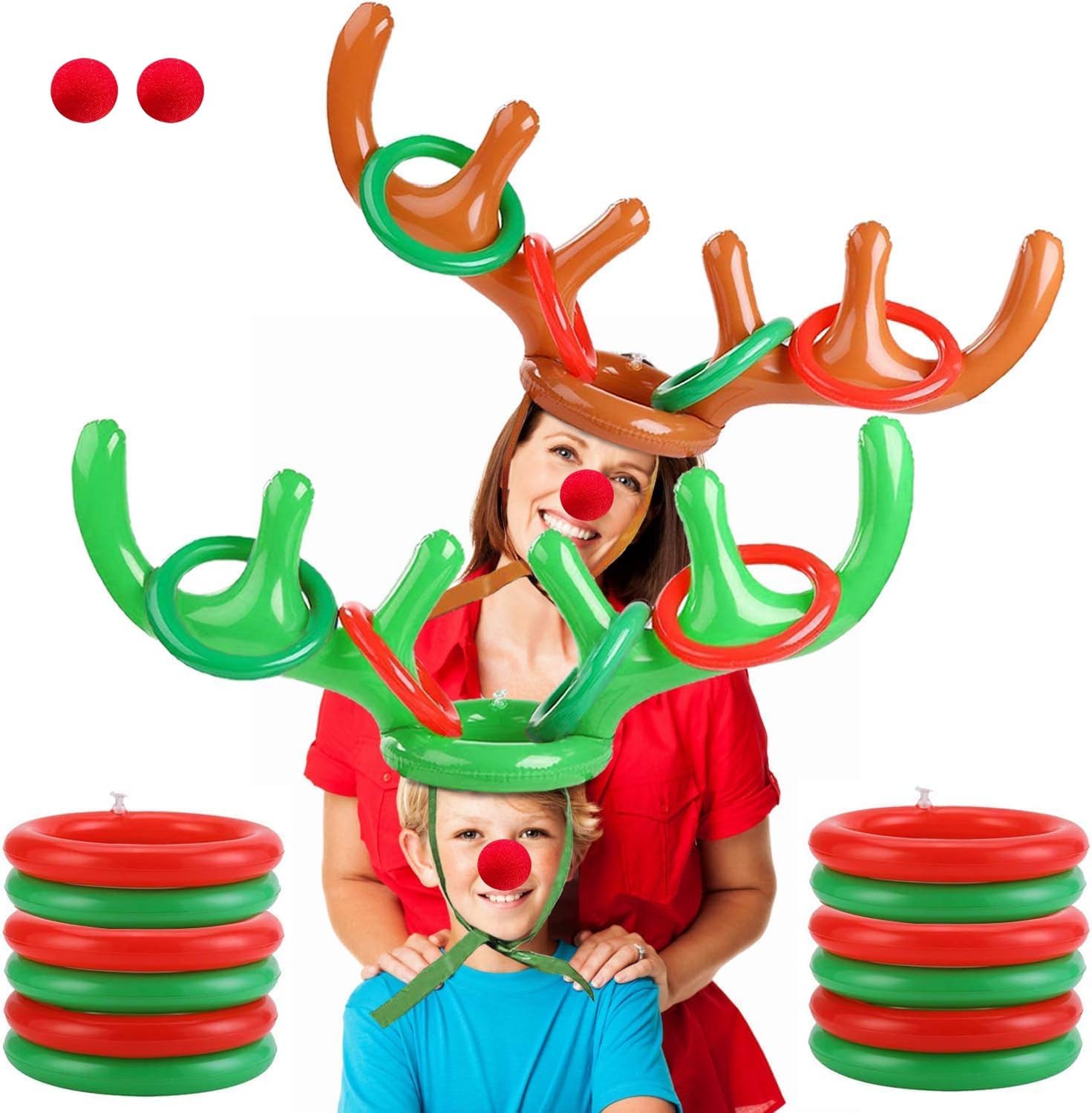 Christmas Reindeer Antler Ring Toss Game, Christmas Party Games for Kids Family, 2 Set Inflatable Reindeer Antler Hat Ring Christmas Favor Carnival Activities (2 Antlers 8 Rings 2 Red Reindeer Nose)