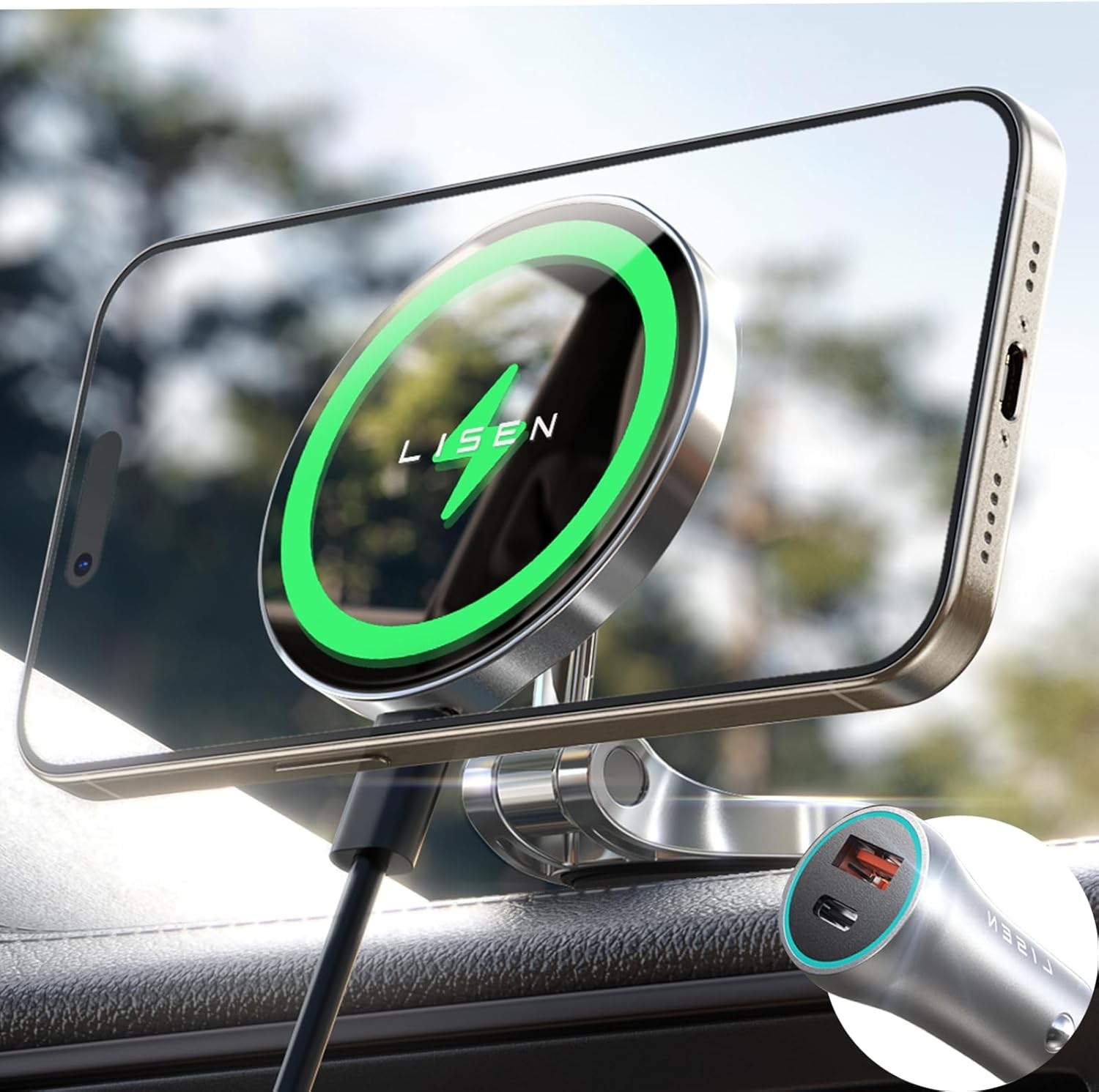 LISEN for Magsafe Car Charger, 15W Ultra Magnetic Car Phone Holder, for Magsafe Car Mount Charger Metal Dashboard Cell Phone Car Mount with 38W Car Charger for iPhone 16 15 14 13 12Pro Max Plus