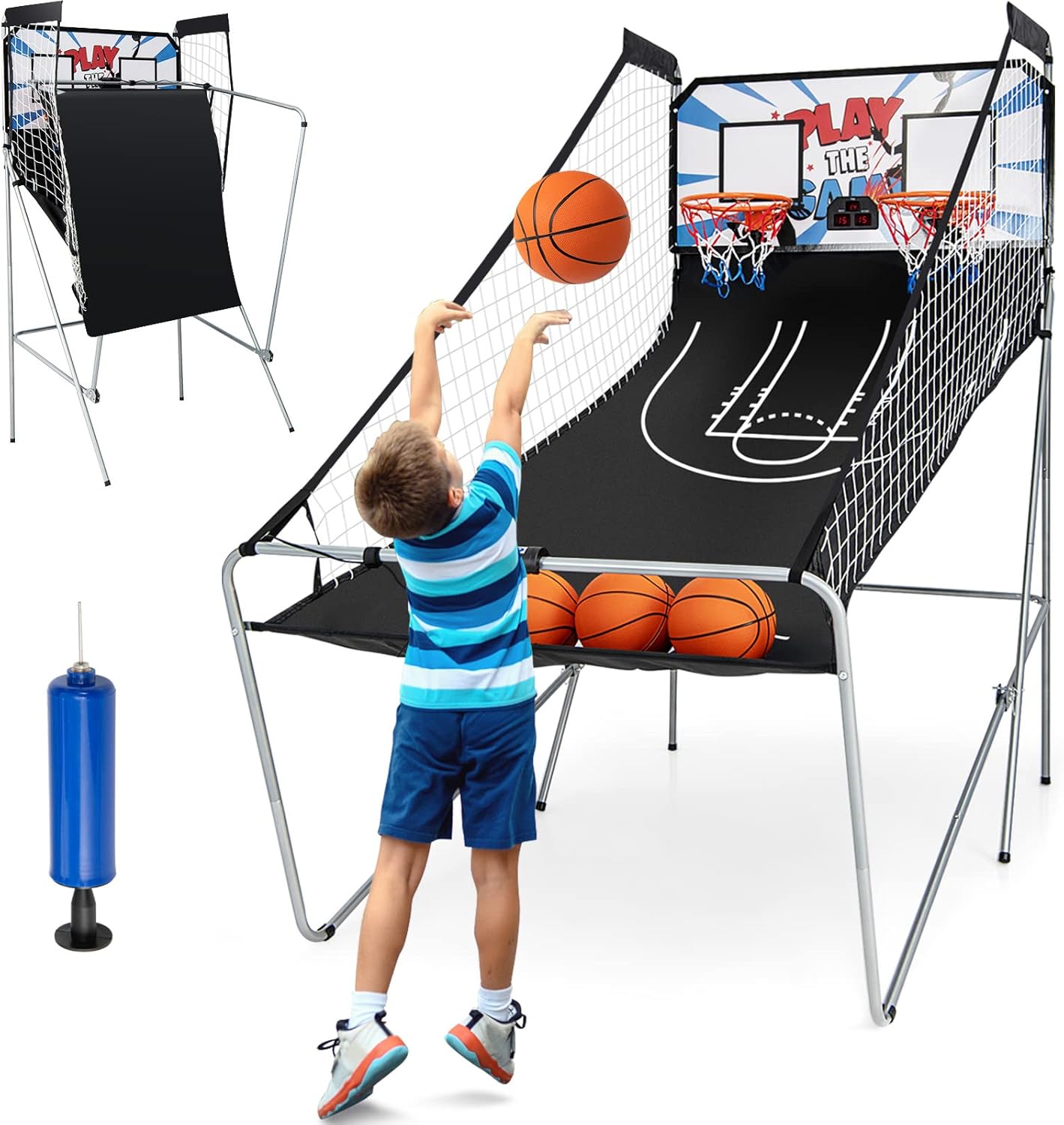 Goplus Foldable Dual Shot Basketball Arcade Game, Basketball Hoop Game w/Electronic Scoring, 8 Game Modes, 4 Balls, Indoor Outdoor Electronic Basketball Game Machine for Kids Adults (White+Blue)