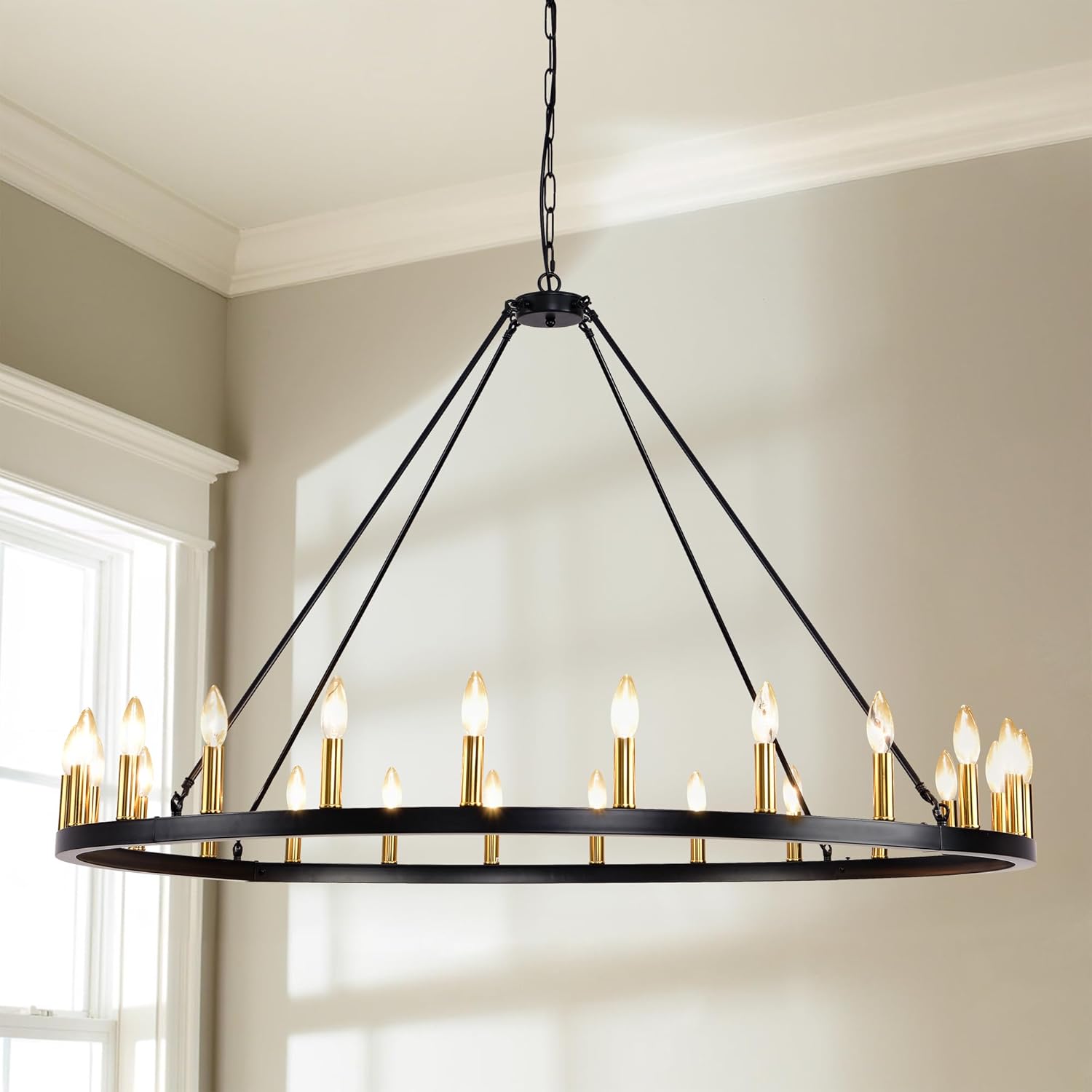 24-Lights 54″ Extra Large Wagon Wheel Chandelier Farmhouse, Black and Gold Chandelier for High Ceilings, Rustic Chandeliers for Dining Room, Kitchen Island, Living Room, Foyer, Entryway