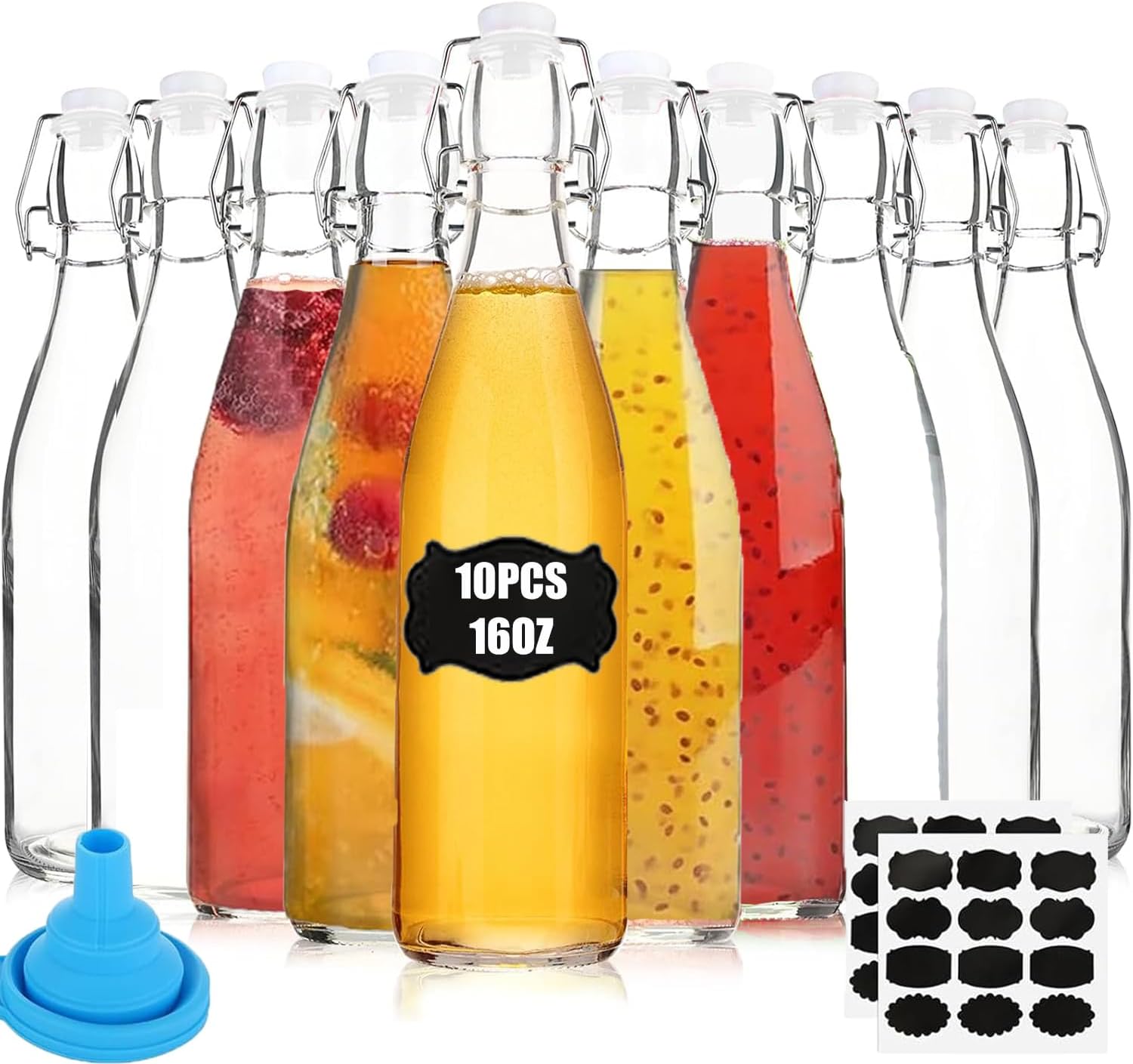 10PCS Swing Top Glass Bottles 16oz Flip Top Glass Bottles, 500ml Brewing Glass Bottles with Airtight Lid for Carbonated Drinks, Kombucha, Mead Kefir, Wine and Juice