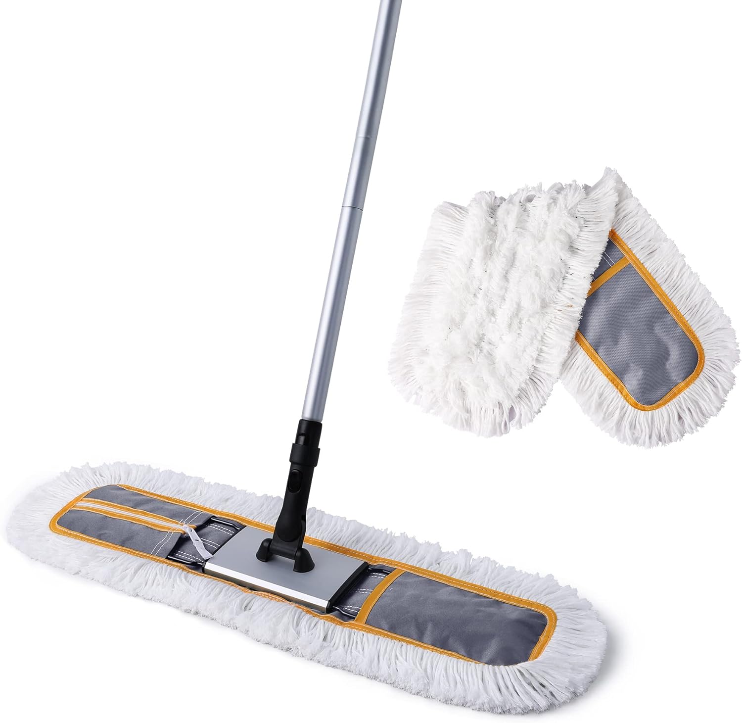 24″ Commercial Dust Mop for Floor Cleaning, Heavy Duty Floor Mop with 2 Microfiber Mop Pads Wet and Dry Flat Mop, Commercial Cleaning Tools for Marble, Laminate, Hardwood Floor Sweeping,Grey