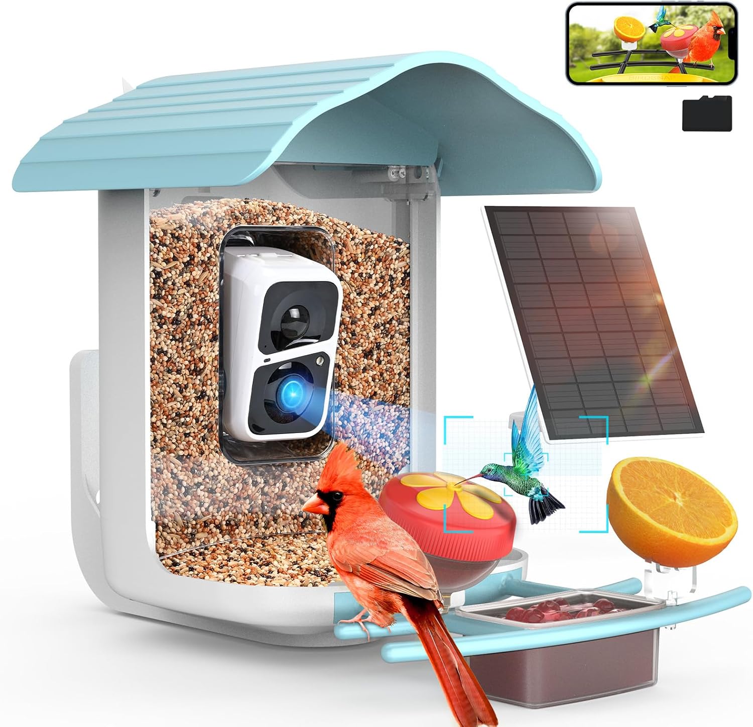 birdsnap® PAV – Smart Bird Feeder with Camera, 5 DIY Add-ons & 64GB Card Record Bird Video Bird House for Outside, AI Identify Bird Auto Capture with Solar Panel, Ideal Gift for Bird Lover, Light Blue