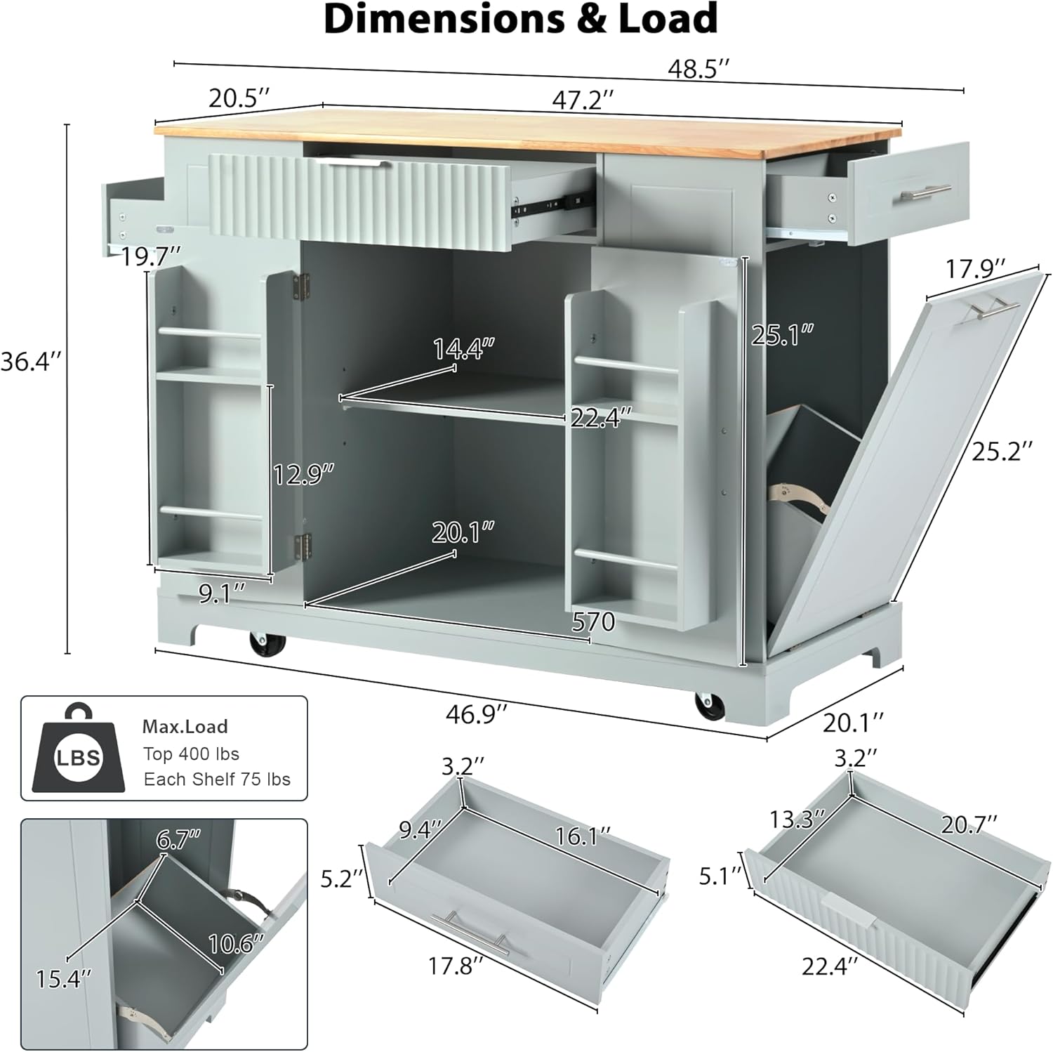 Rolling Kitchen Island with Trash Can Storage Cabinet,Kitchen Table on Wheels with 3 Drawer,3 Open Side Racks for 10 Gallon Garbage Bin,Mobile Kitchen Island Cart for Kitchen Grey Blue