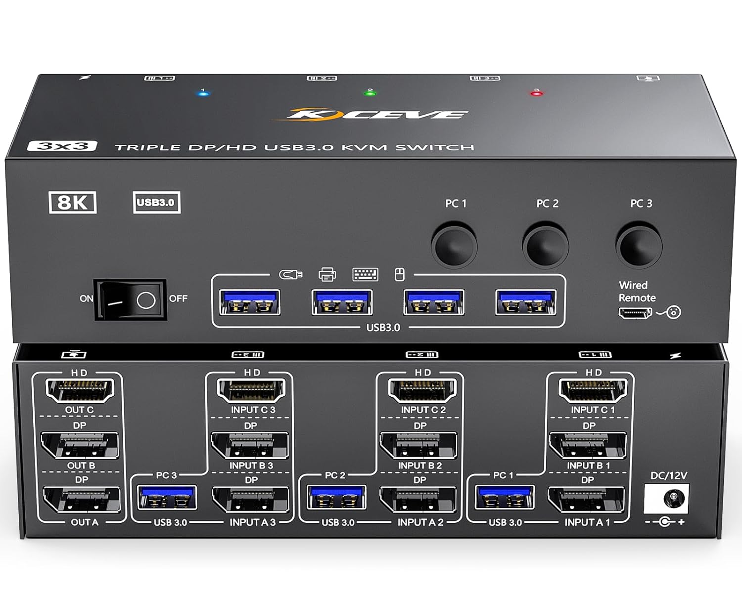 KVM Switch 3 Monitors 3 Computers 8K@60Hz, MLEEDA HDMI + 2* Displayport Triple Monitor KVM Switch,3 Monitor KVM with 4 USB 3.0 Ports for Keyboard Mouse Printer, Wired Remote and Power Adapter Included