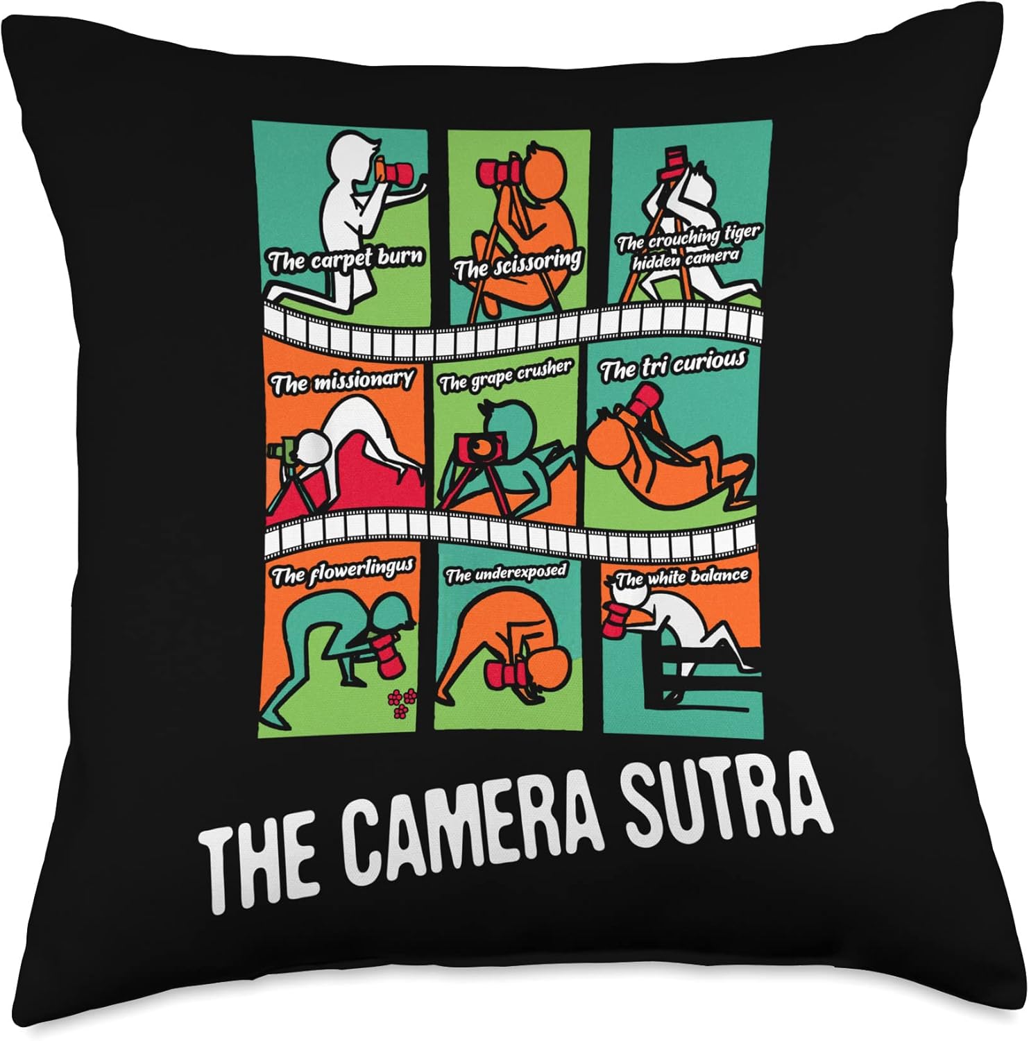 Funny Photographer Positions Camera Sutra Throw Pillow, 18×18, Multicolor