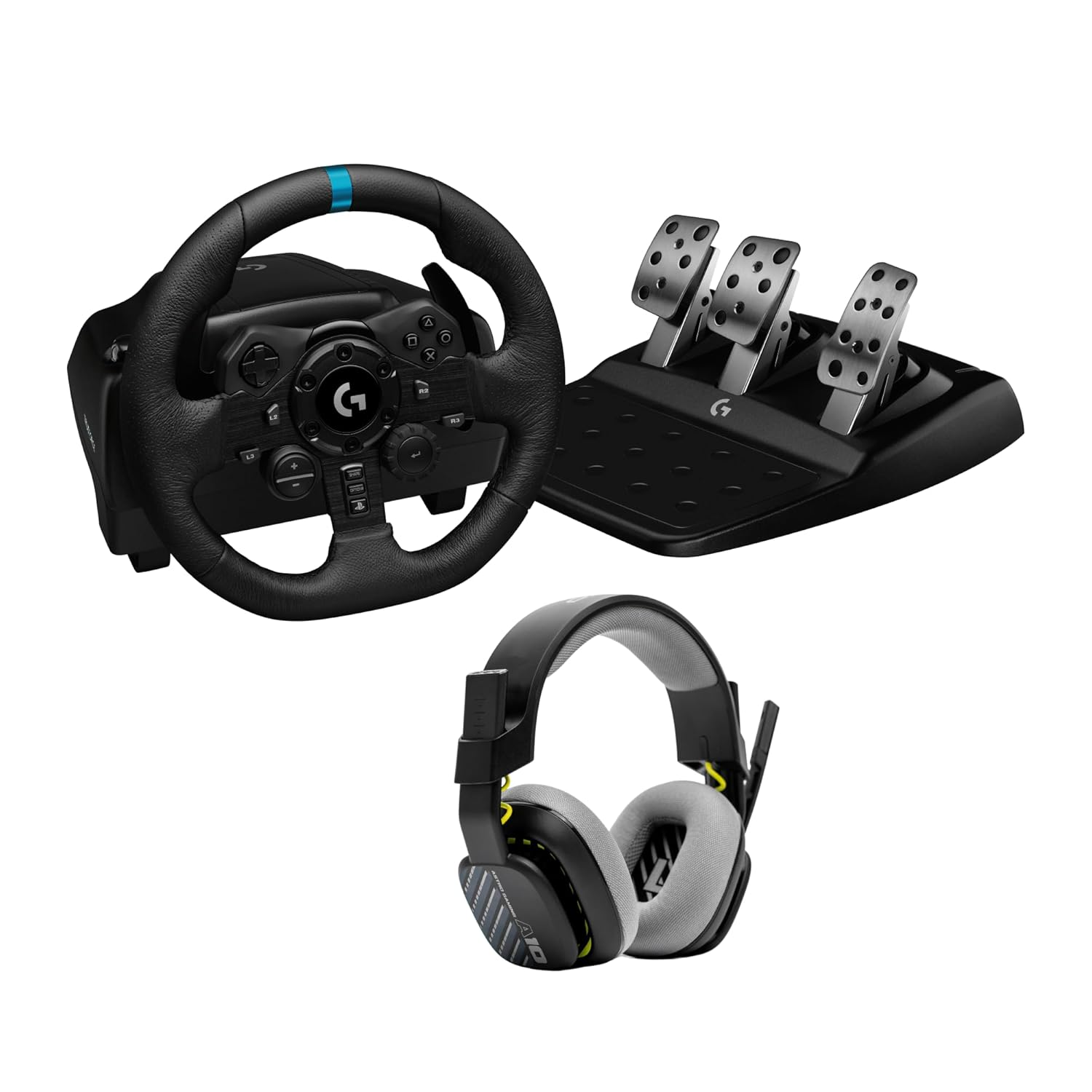 Logitech G923 Racing Wheel and Pedals, TRUEFORCE Force Feedback, Real Leather + ASTRO A10 Gen 2 Wired Headset – For PS5, PS4 and PC, Mac – Black