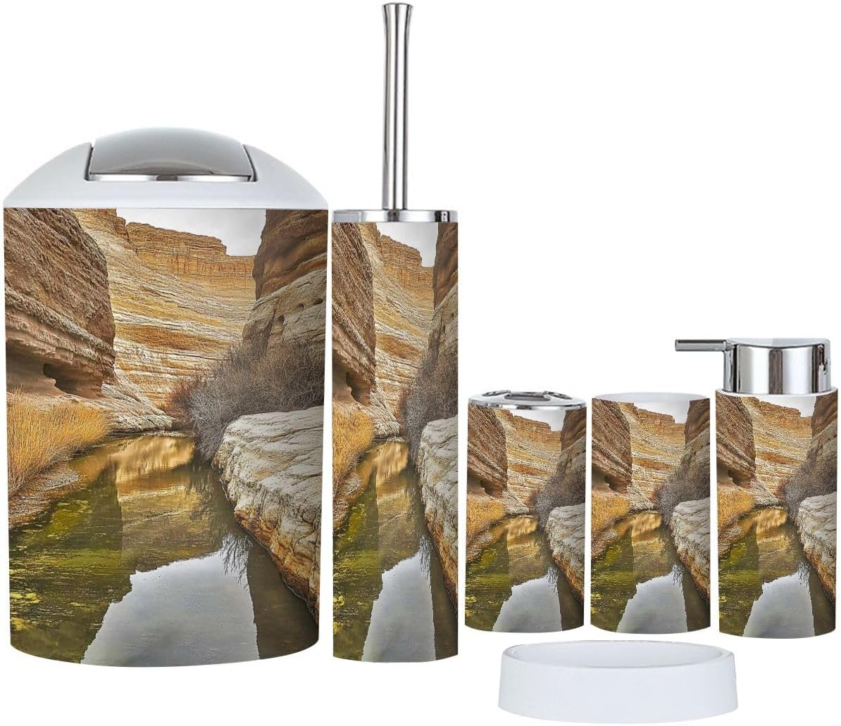 Bathroom Accessory Set 6 Piece Spring Gorge Zion National Park Pictures Royalty Free Toothbrush Holder, Toothbrush Cup, Soap Dispenser, Soap Dish, Toilet Brush Holder, Trash can