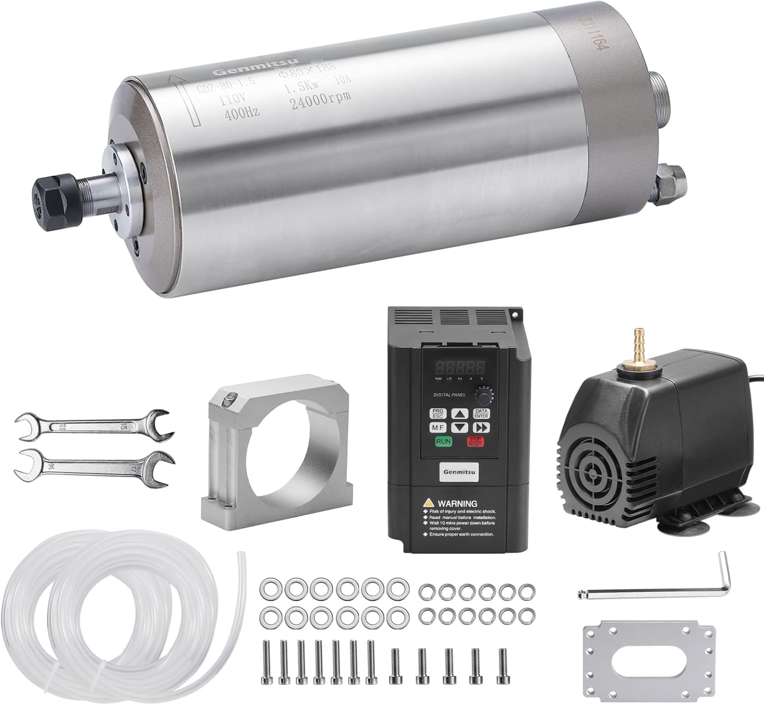 Genmitsu CNC Spindle Motor Kit, 1.5KW, 110V Water Cooled Spindle Motor, with VFD & Water Pump, 80mm Diameter Aluminum Clamp Mount, ER11 Collet, 0.003mm Accuracy for CNC Router Machine Metal Carving