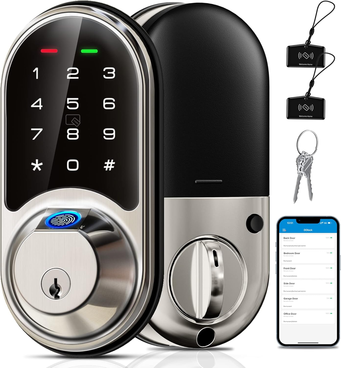 Veise Smart Lock, Fingerprint Door Lock, 7-in-1 Keyless Entry Door Lock with App Control, Electronic Touchscreen Keypad, Smart Deadbolt, Biometric Smart Locks for Front Door, Satin Nickel