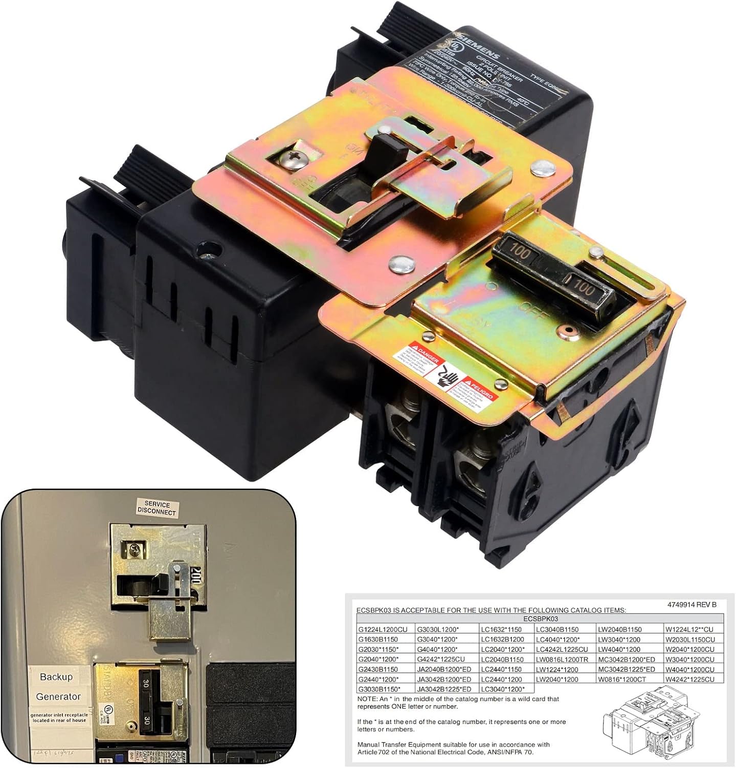 Generator Interlock Kit Compatible with Siemens and Murray, ECSBPK03 Mechanical Interlock Kit Between The Main Breaker Powered by Utility Power and Generator Powered by Standby Power.