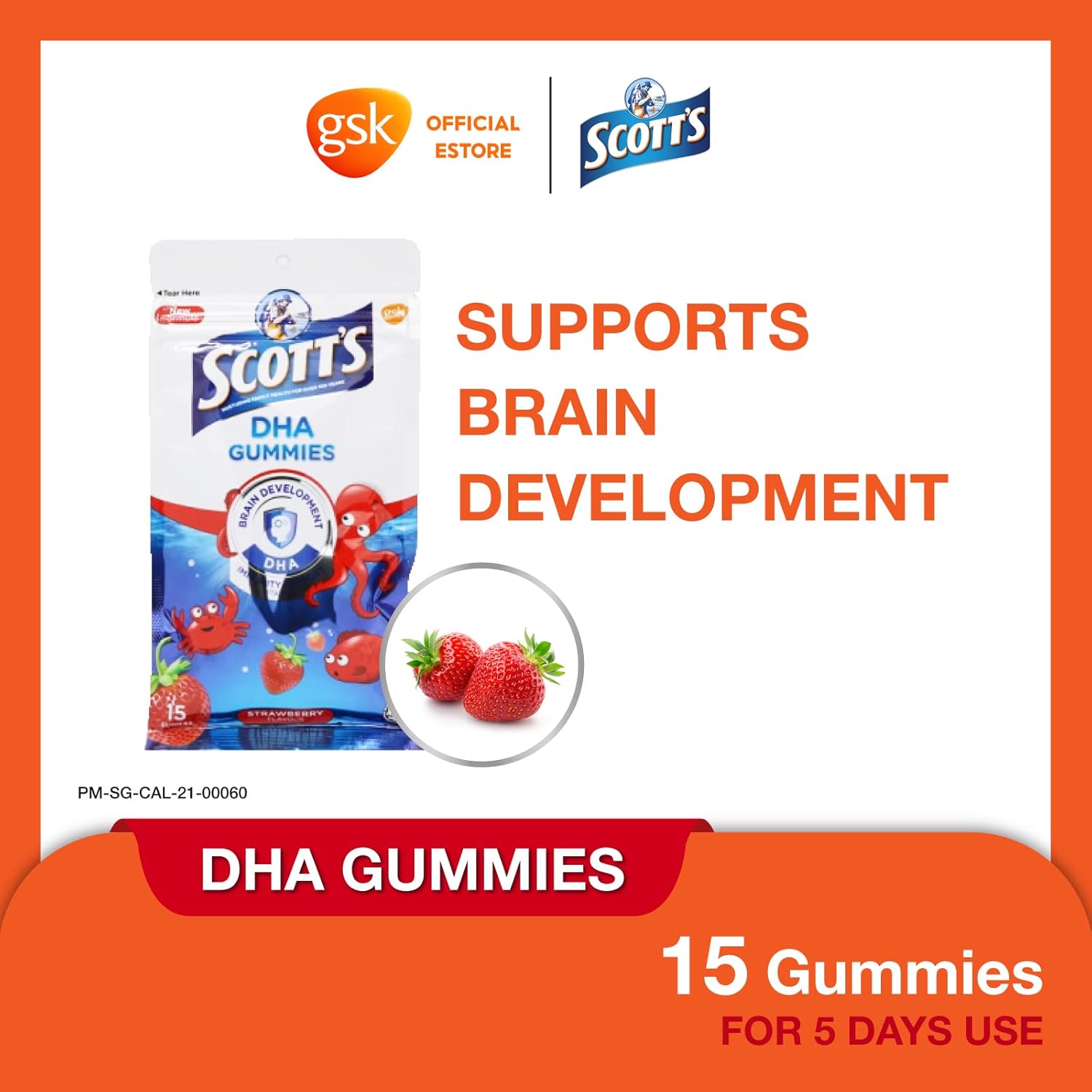 SCOTT’S DHA Fish Oil Omega 3 Gummies Supplement for Children, Supports Brain Development, Strawberry, 15s