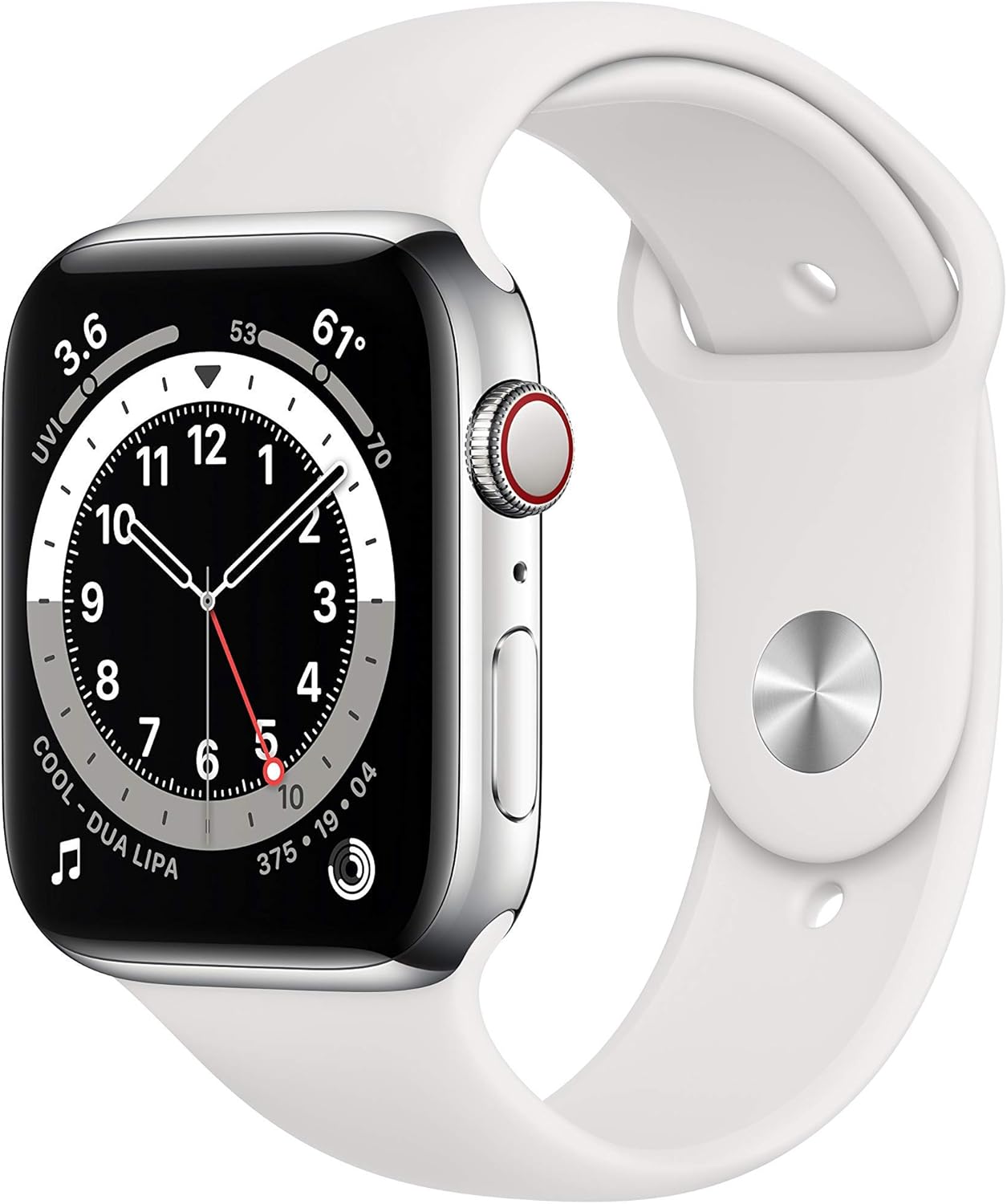 Apple Watch Series 6 (GPS + Cellular, 44mm) – Silver Stainless Steel Case with White Sport Band (Renewed)