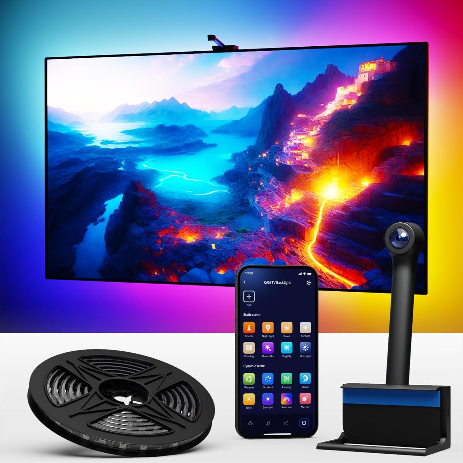 Smart TV LED Backlight with Camera for 55-65 inch Screens, 12.5ft TV Backlight Sync to Screen& Music, Color Changing Lights for TV Work with Alexa & Google Assistant, App Control