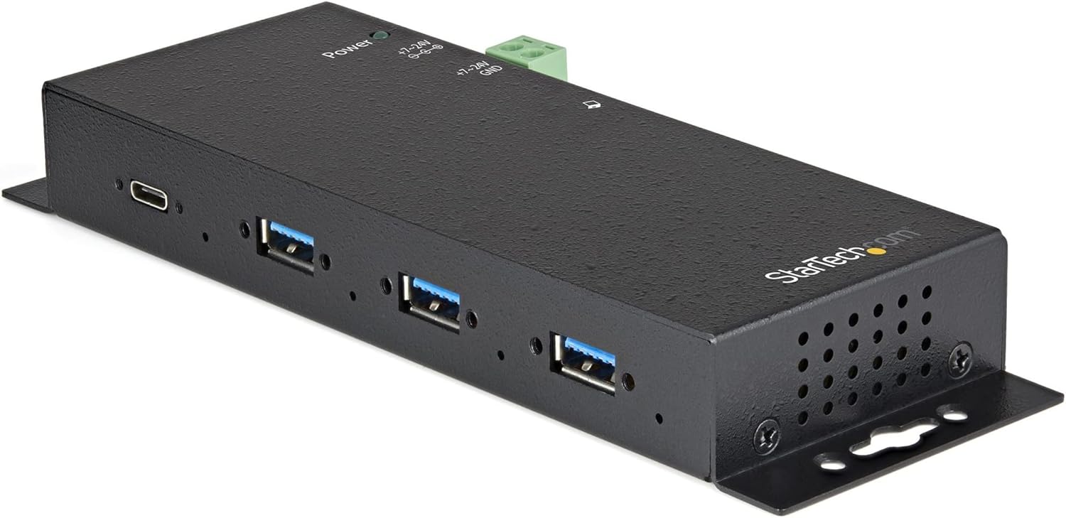 StarTech.com 4-Port USB C Hub 10Gbps – Metal Industrial USB Type-C Hub w/ 3xUSB-A & 1xUSB-C – ESD & Surge Protection – USB-C or USB-A Host – Self-Powered Mountable USB 3.2 Gen 2 Hub, TAA