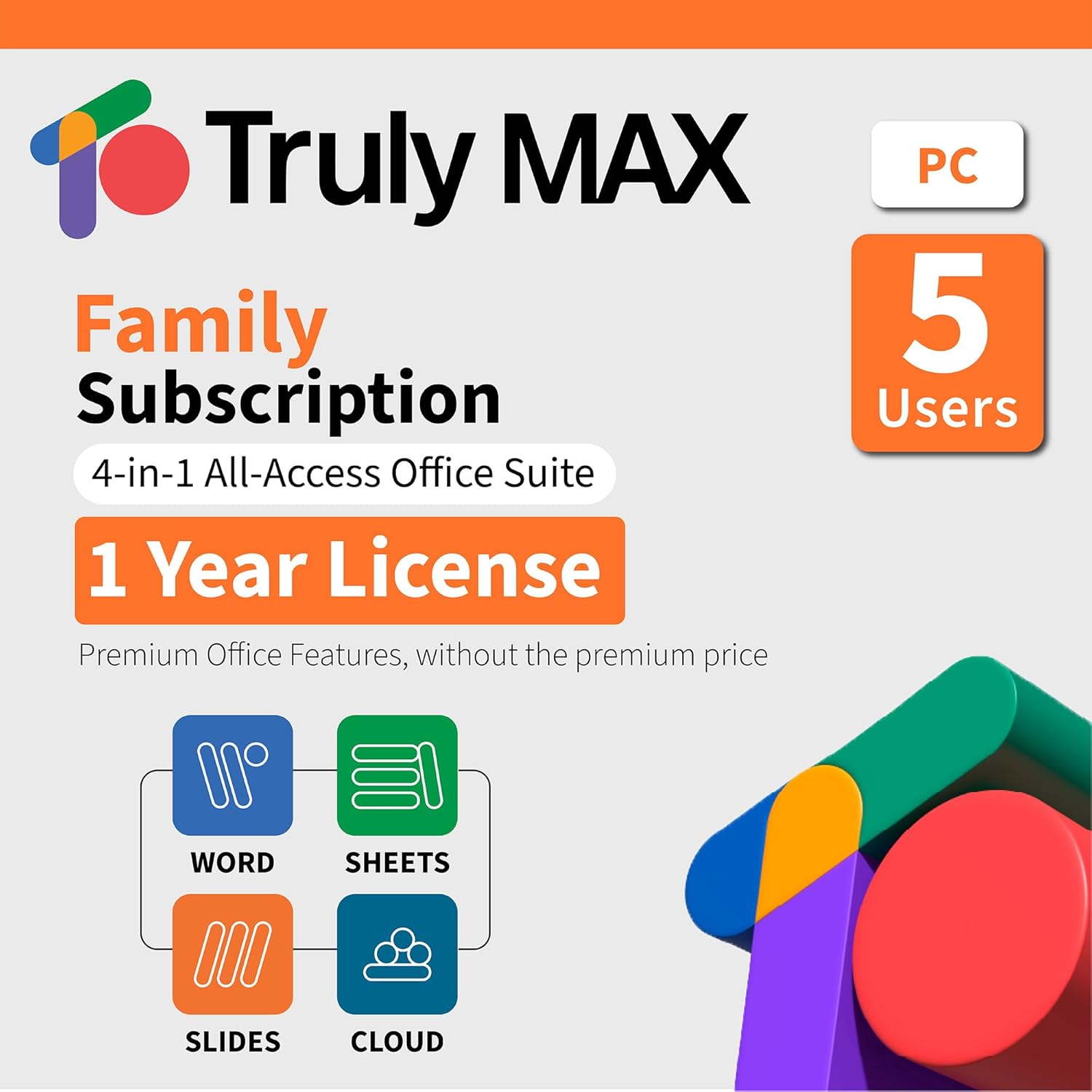 TrulyOffice Truly Max Family License for Window | 1-year Subscription | 4 in 1 All Access Office Suite | Words, Sheets, Slides, and Cloud | 5 Users