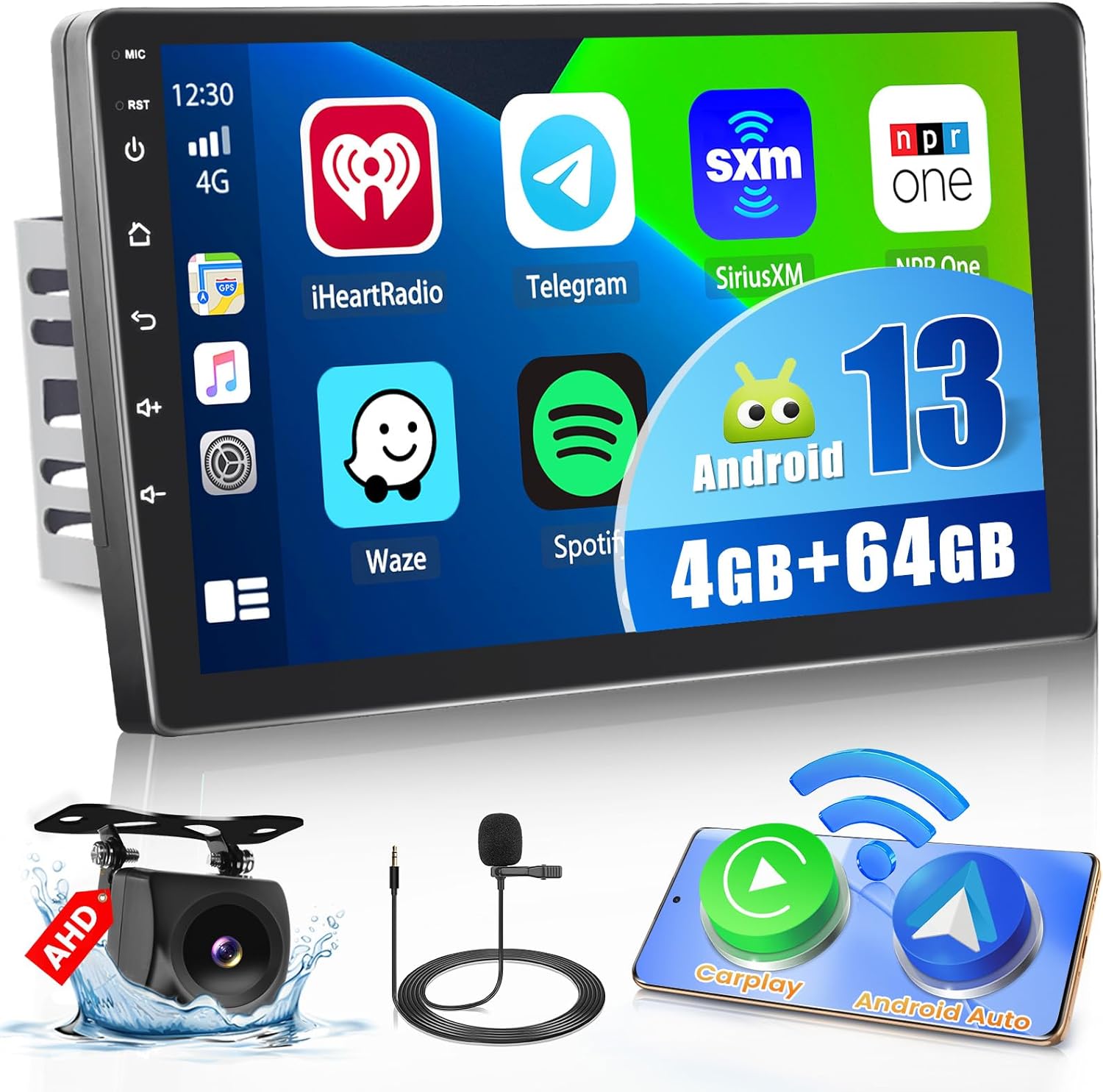 4G+64G Hikity Double Din Android 13 Car Radio with Wireless CarPlay Android Auto, 10.1 Inch 1280×720 HD Touchscreen Stereo DSP 32EQ GPS FM RDS Backup Camera Mic