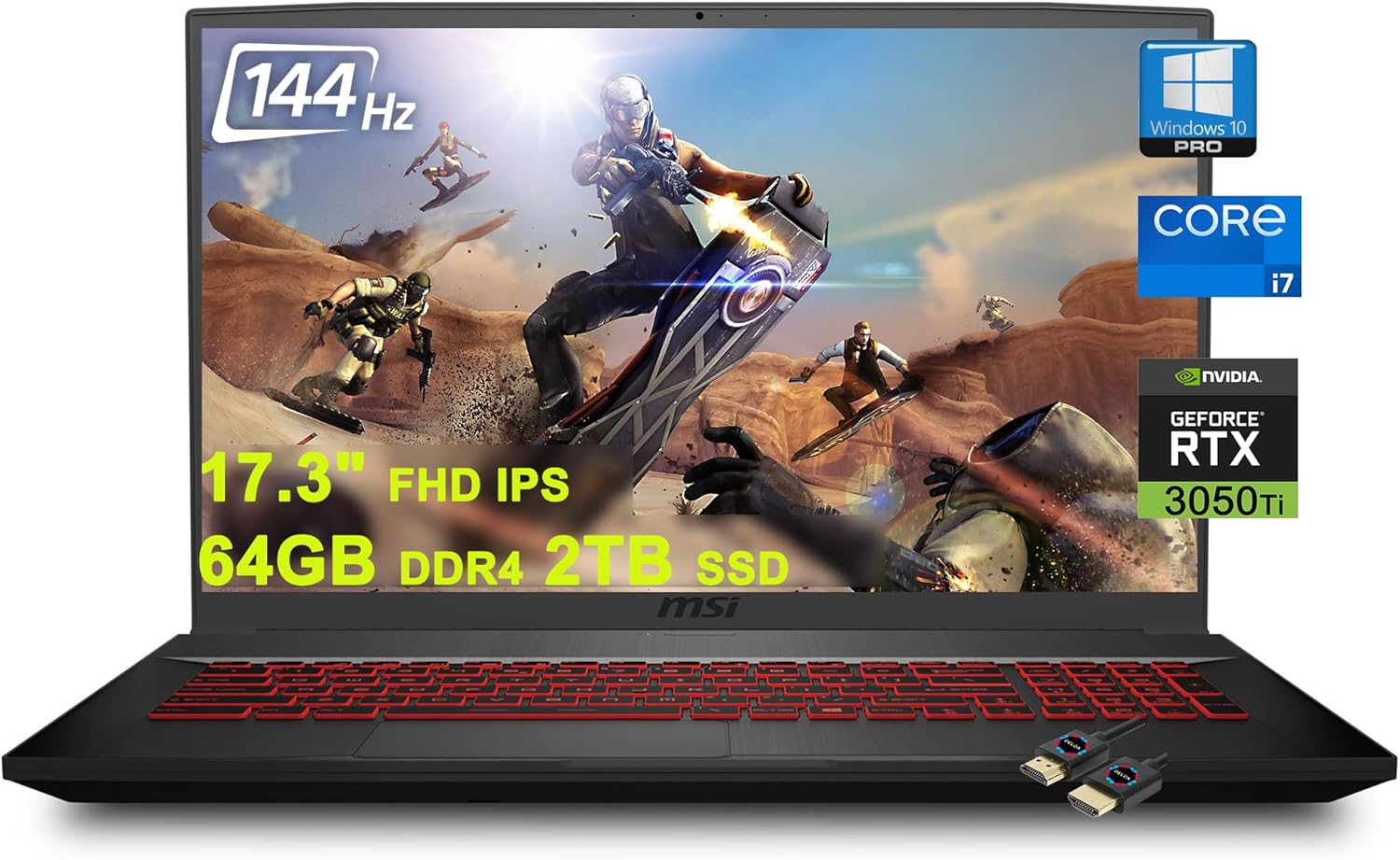 MSI Katana GF76 17 Gaming Laptop I 17.3” Full HD IPS 144Hz I 11th Gen Intel 8-Core i7-11800H I 64GB DDR4 2TB SSD I GeForce RTX 3050 Ti 4GB I Backlit Nahimic USB-C Win10 Pro +32GB MicroSD Card, Black