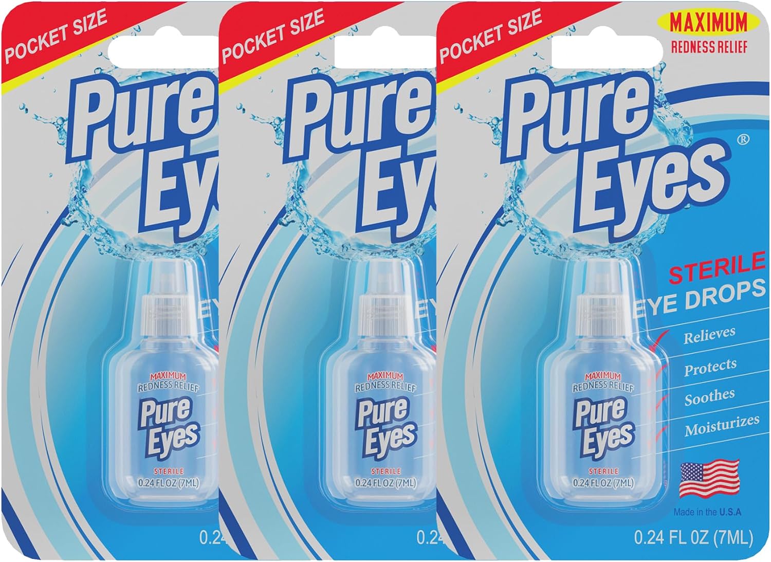 Pure Eyes Redness Relief Eye Drops | Advanced Lubricating Formula for Dry, Irritated Eyes | Comfort, Hydration, and Soothing Relief | Travel-Size 0.24 fl oz (7ml) | Pack of 3 | Made in USA