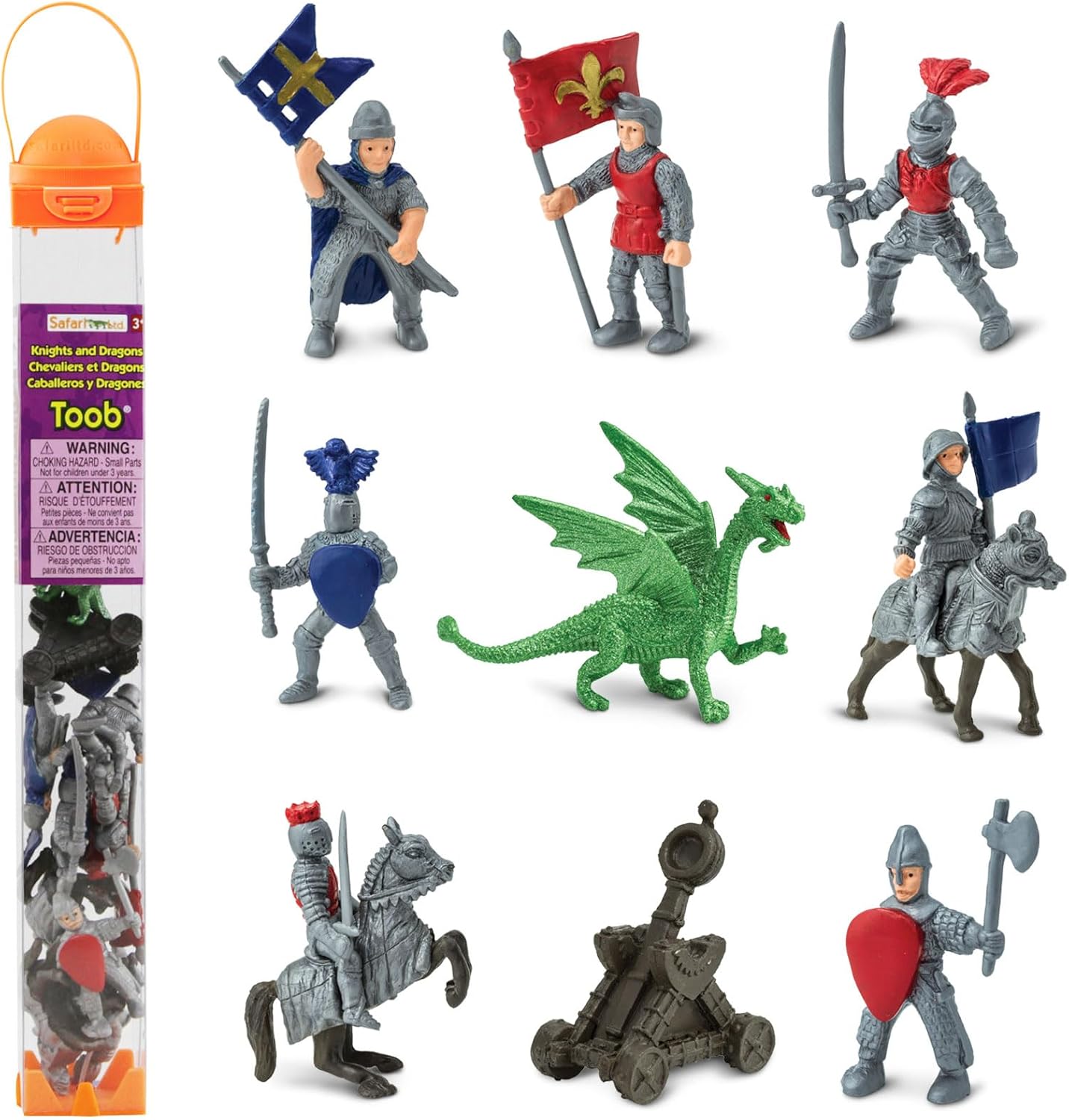 Safari Ltd. Knights & Dragons Toob – Set of 10 Mini Figurines: Red & Blue Kingdom Knights, Catapult, and Green Dragon – History Learning Toy Figures for Boys, Girls & Kids Ages 3+