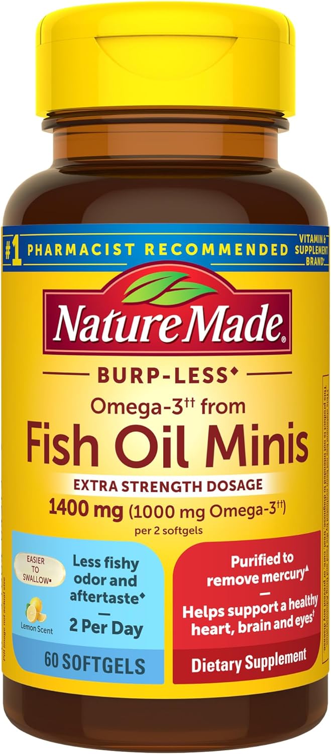 Nature Made Extra Strength Burp Less Omega 3 Fish Oil 1400 mg Minis, Fish Oil Supplements as Ethyl Esters for Healthy Heart, Brain and Eyes Support, Omega 3 Supplement, 60 Softgels, 30 Day Supply