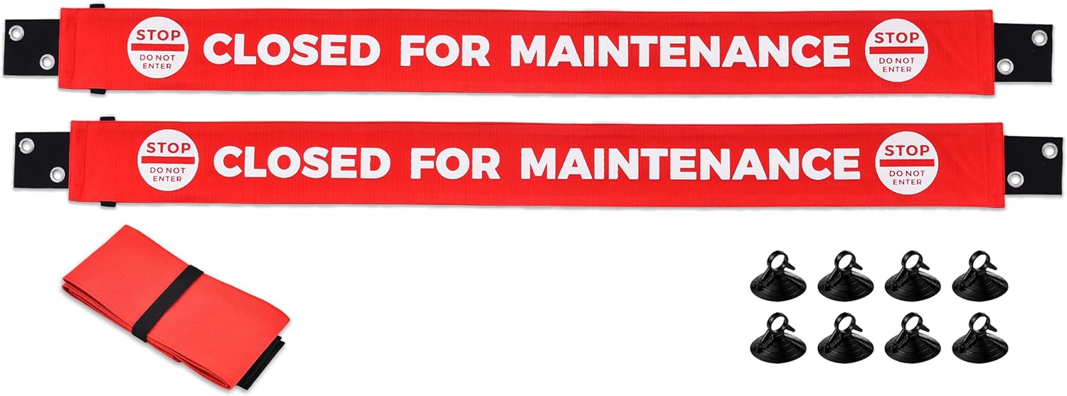 Closed for Maintenance Sign with Magnetic Ends, Additional Suction Cup Ends, Nylon Bathroom & Restroom Closed for Maintenance Door Barricade Sign, Maintenance Work in Progress Warning Sign (2 Pack)