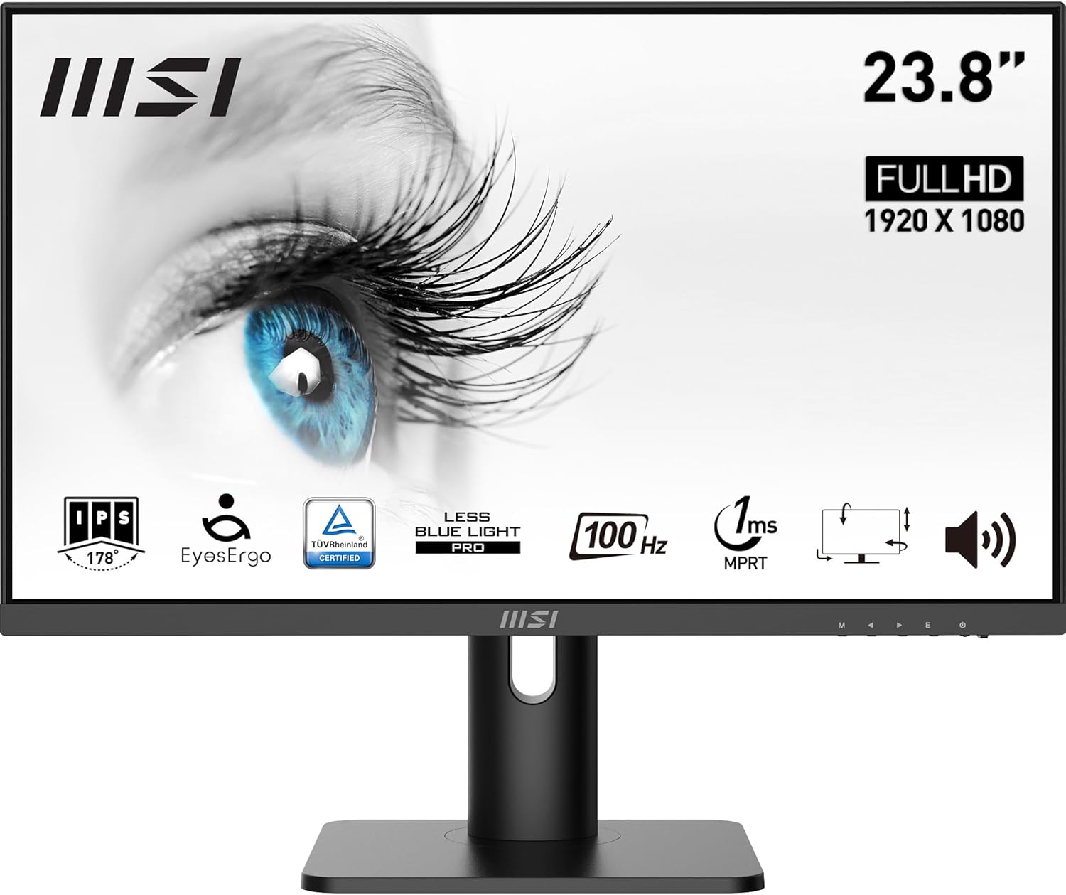 MSI PRO MP243XP 24-inch IPS 1920 x 1080 (FHD) Computer Monitor, 100Hz, Adaptive-Synch, HDMI, DisplayPort, VESA Mountable, Tilt, Height Adjustable, Speaker, 1ms, Black