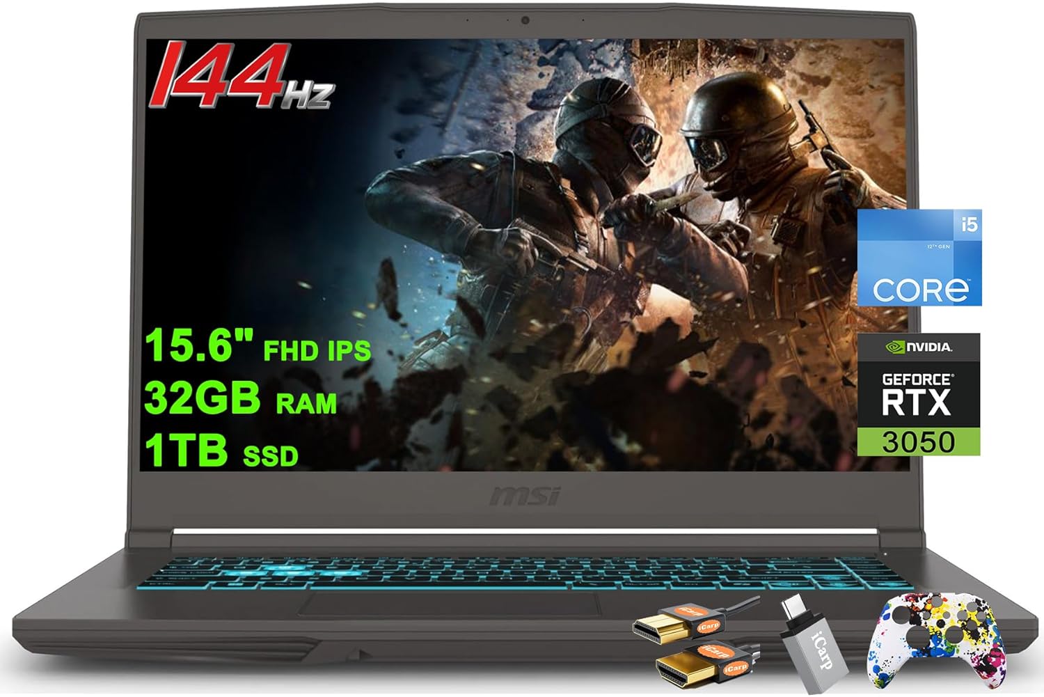 MSI Thin 15 Gaming Laptop 15.6″ FHD IPS 144Hz Intel 8-core i5-12450H (Beats i7-11800H) 32GB RAM 1TB SSD GeForce RTX 3050 Backlit USB-C Win11 w/ICP Accessory