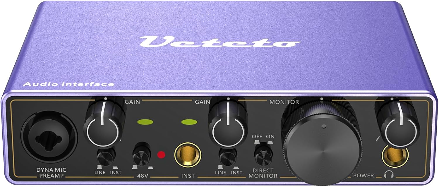 Ueteto 2i2 USB Audio Interface, Universal Audio Interface for PC, MAC/Music/Computer Recording and Podcasting with 48V Phantom Power