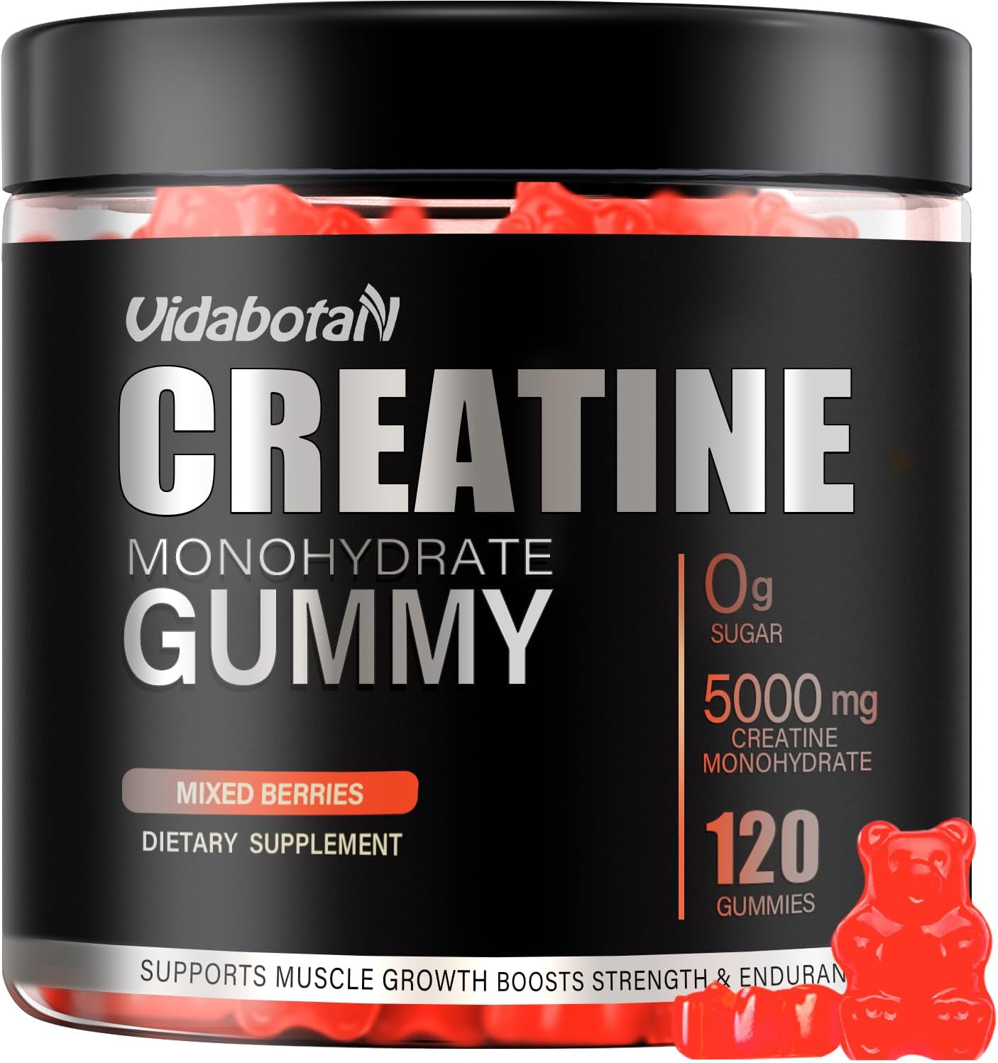 Sugar Free Creatine Monohydrate Gummies 5000mg for Men & Women- Chewables Creatine Monohydrate with L-Taurine, B6, B12 for Muscle Growth and Strength, Vegan, Natural Mixed Berry Flavor, 120 Count