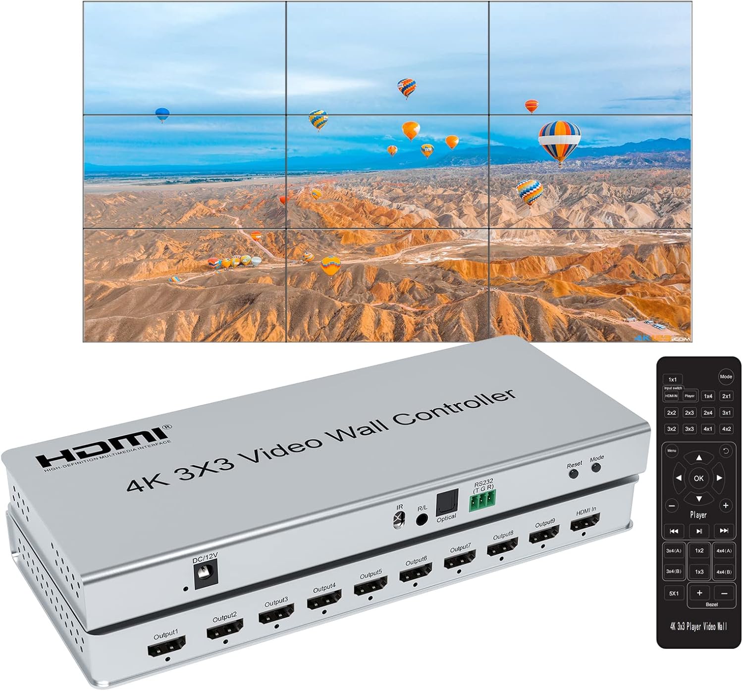 4K 9 Channel Video Wall Controller, HDMI TV Wall Processor with Audio Out, 3840×2160/60HZ Output, Support 1×1 1×6 2×1 6×1 2×2 3×3 2×4, Cascade 3×4 4×3 4×4 for Video Conference, Tournament, teaching…