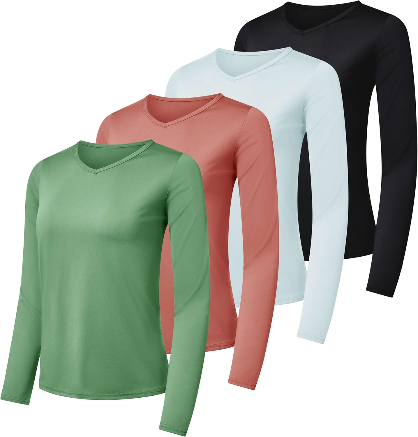 Real Essentials 4-Pack: Women’s Dry-Fit Long-Sleeve V-Neck Athletic Workout Shirt (Available in Plus Size)