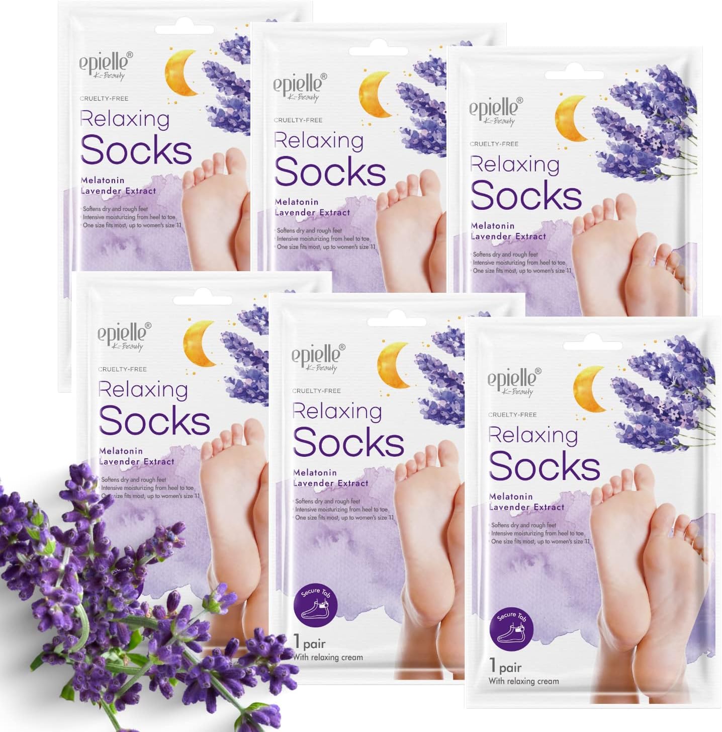 Epielle Relaxing Foot Masks – Melatonin & Lavender Extract | Deep Moisturizing | 100% Vegan & Cruelty-Free | 6 Pack Socks | Beauty Gifts