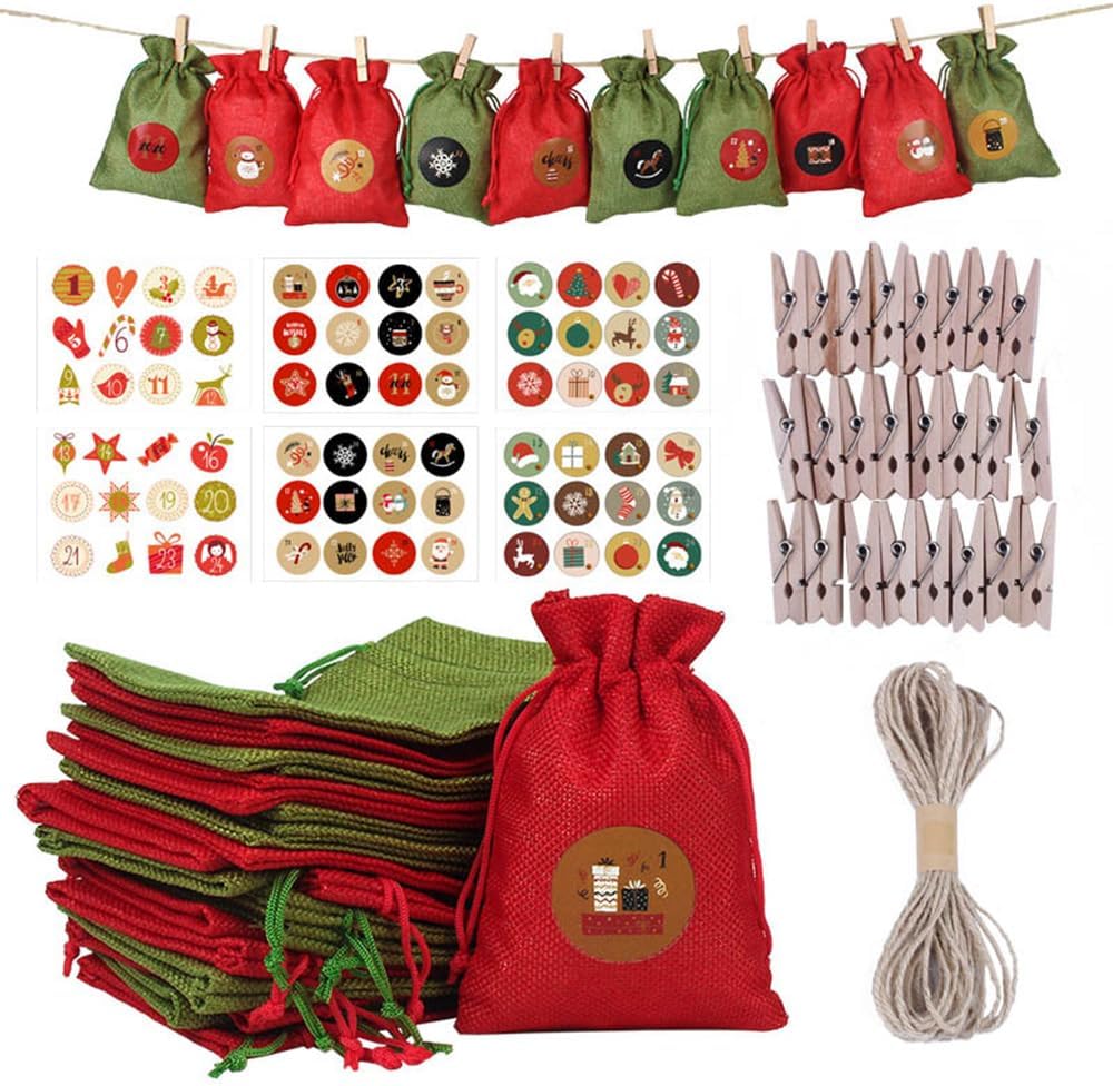 Countdown To Christmas With Festive Burlap Hanging Advent Calendar Bags – 24 Days Of Surprises! Bags With Drawstring Closure, Includes Advent Numbers Stickers, Clips, And Rope For Easy Hanging And