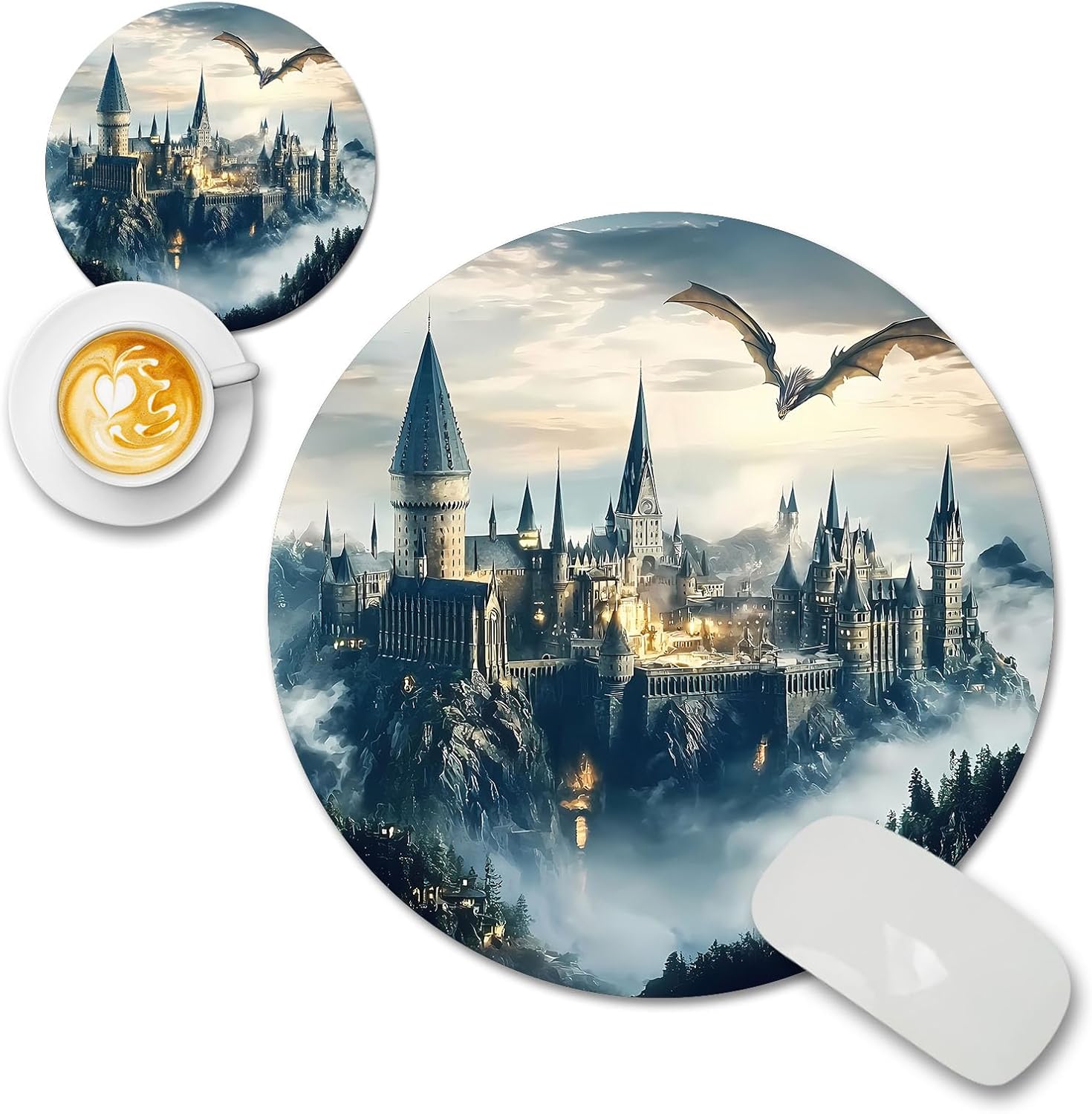 Fantasy Castle Design Vibrant Cute Round Mouse Pad Aesthetic for Desk Accessories, Girly Mousepad Fun Office Decor Lessens The Tedium of Your Workday, Portable Mousepad for Office Gaming Travel