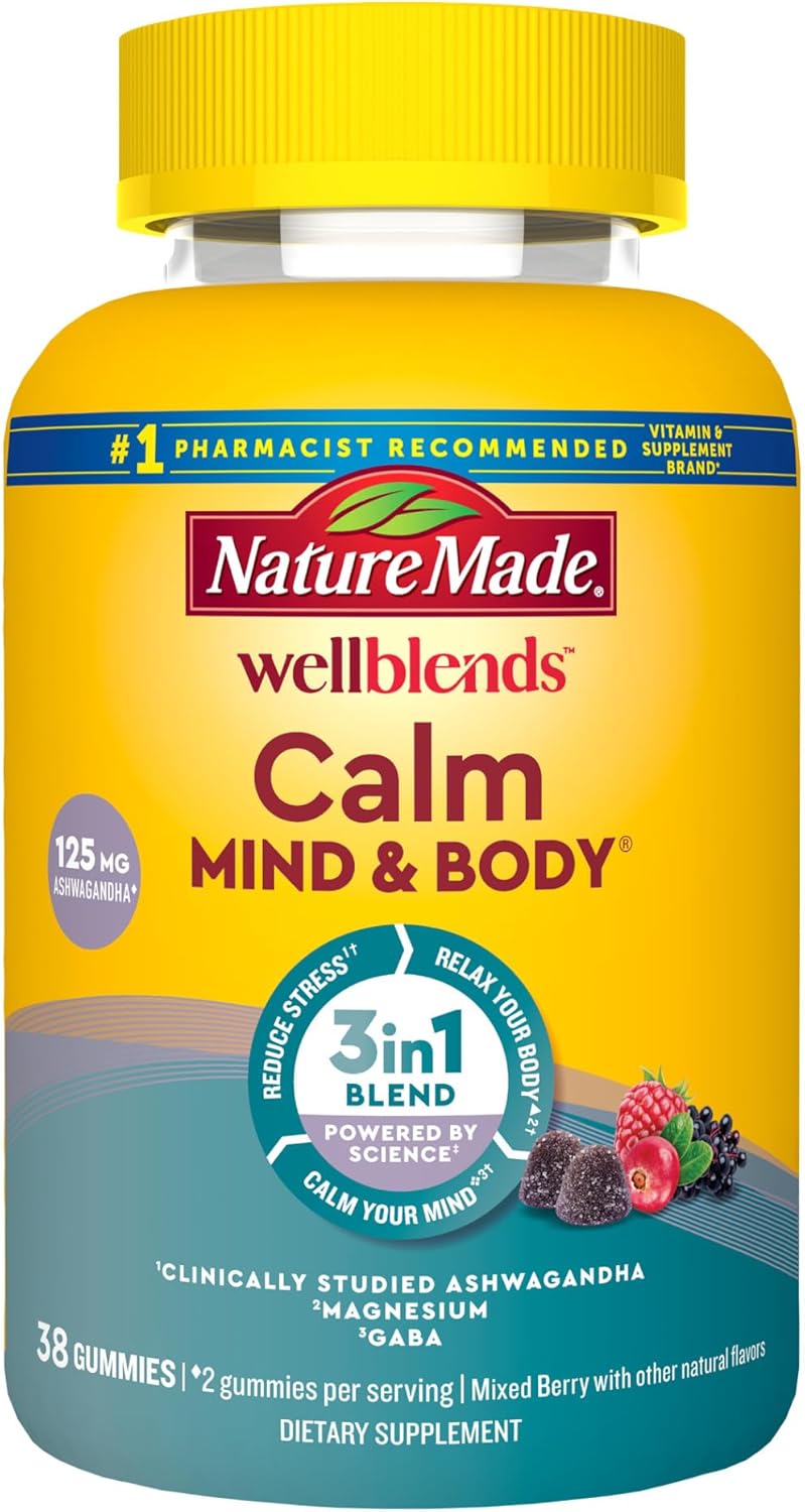 Nature Made Wellblends Calm Mind & Body, Magnesium Citrate, Ashwagandha 125mg & GABA 100mg Blend for Stress Relief, 38 Gummy Vitamins