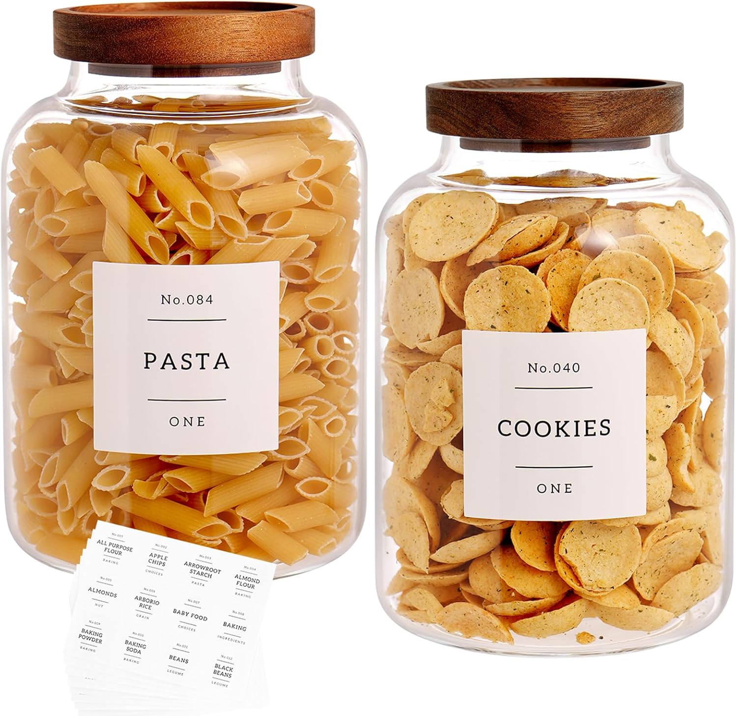 Set Of 2 Large Glass Jar with Wooden Lid with 132 Labels, Glass Storage Jars for Flour Pasta Candy Coffee Cookie and More(70 FL OZ/2000 ml)