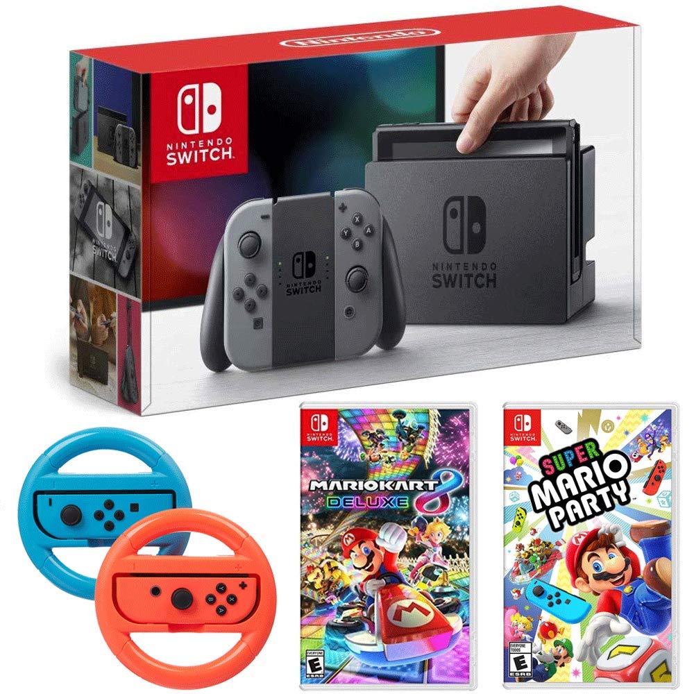 Nintendo Switch 32GB Console with Gray Joy Con Bundle w/Super Mario Party, Mario Kart 8 Deluxe and Steering Wheel Blue/Red 2-Pack