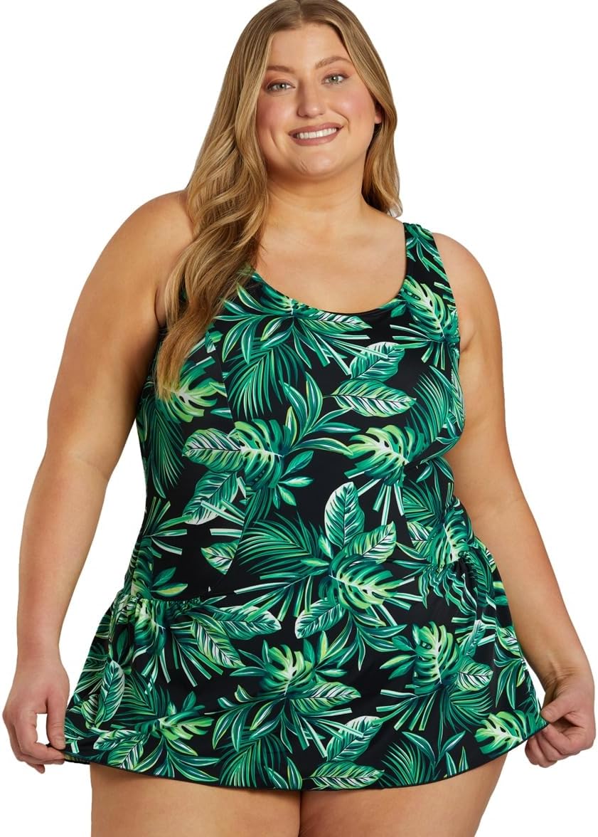 Sporti Plus Size Swim Dress for Women Swimsuit, Tummy Control Dress, Mom Bathing Suit Dress Sun Protection, Conservative Fit – Tropical Palm Leaf Swim Dress – Tropical Palm – 20W