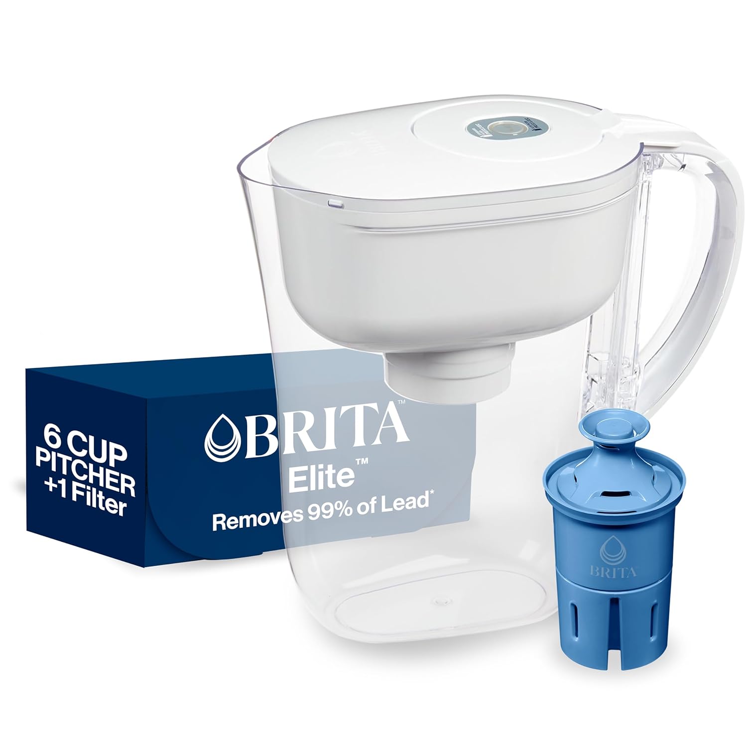 Brita Metro Elite Water Filter Pitcher, Removes 99% of Lead, Includes 1 Filter, 6-Cup Capacity, White