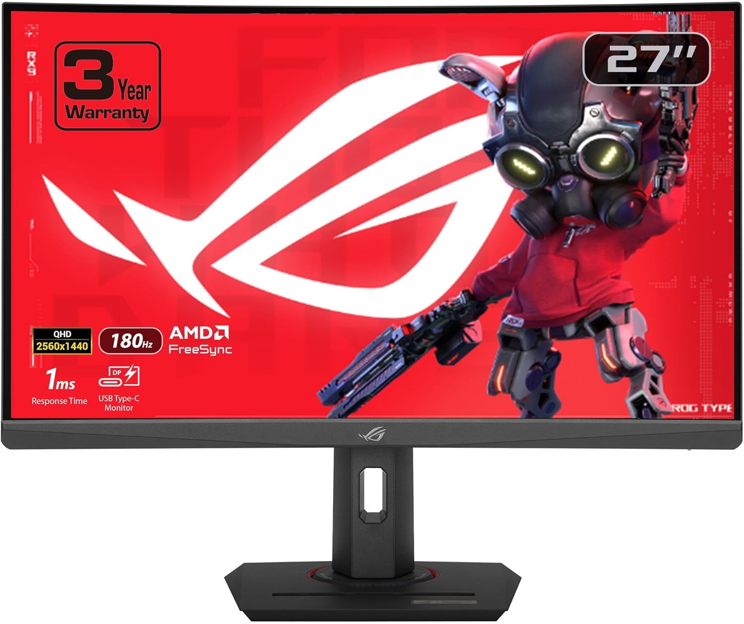 ASUS ROG Strix 27” 1440P HDR400 USB-C Curved Gaming Monitor (XG27WCS) – QHD (2560 x 1440), 180Hz, 1ms, Fast VA, 125% sRGB, DCI-P3 95%, ELMB Sync, FreeSync, DisplayWidget, Tripod Socket, 3yr Warranty