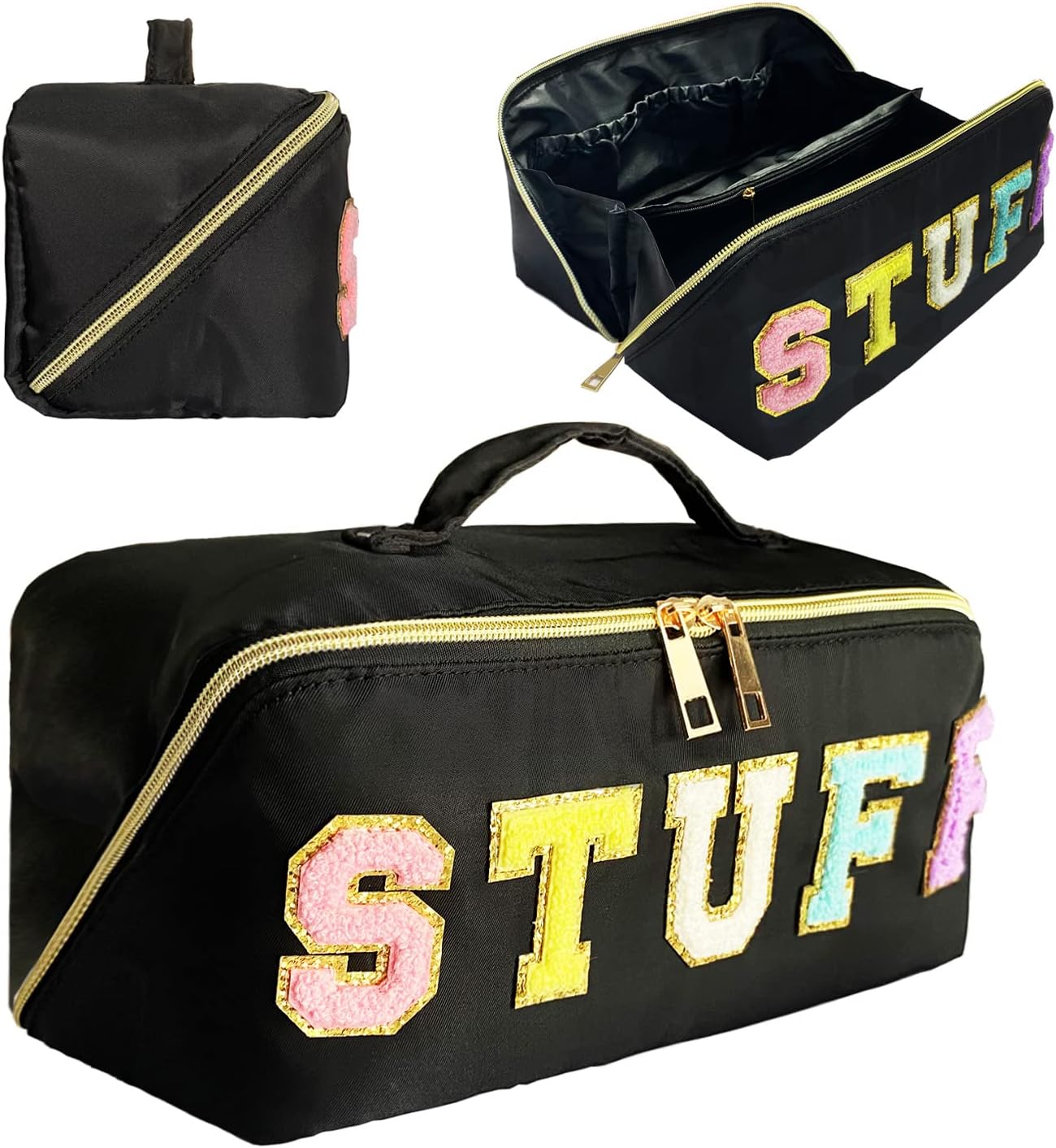 Stoney Clover Dupes Preppy Makeup Bag Black Stoney Clover Stuff Bag for Travel Chenille Letter Bag Large Capacity Travel Cosmetic Bag Nylon Pouch Lay Flat Makeup Bag Open Flat Varsity Letter Bag