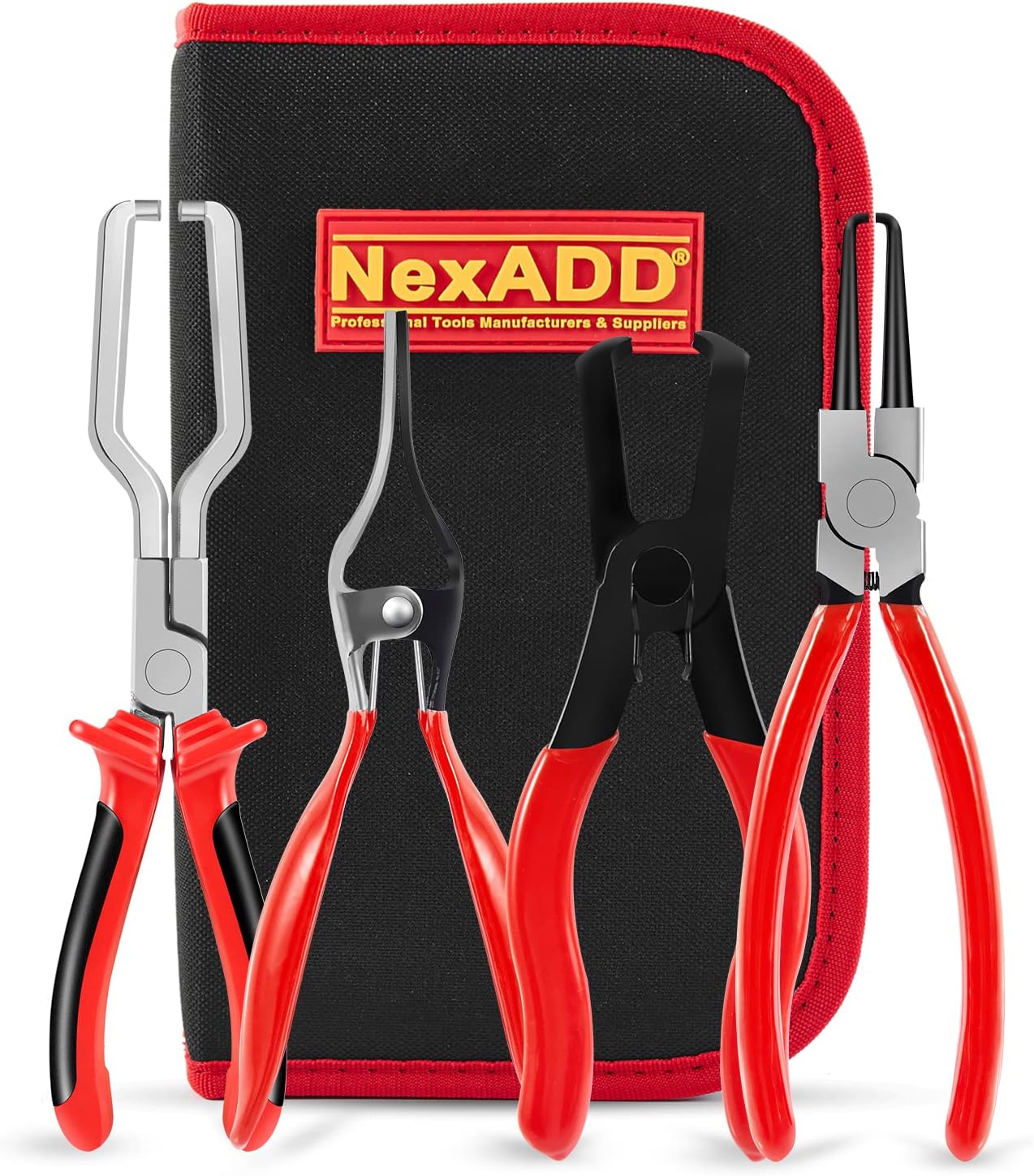 NEXADD Fuel Line Pliers Set 4Pcs | Hose Remover | 9 Inch Fuel Filter Caliper | Hose Pipe Clamp Clip | 80 Degree Disconnect Pliers Set for Auto Maintenance with Storage Case