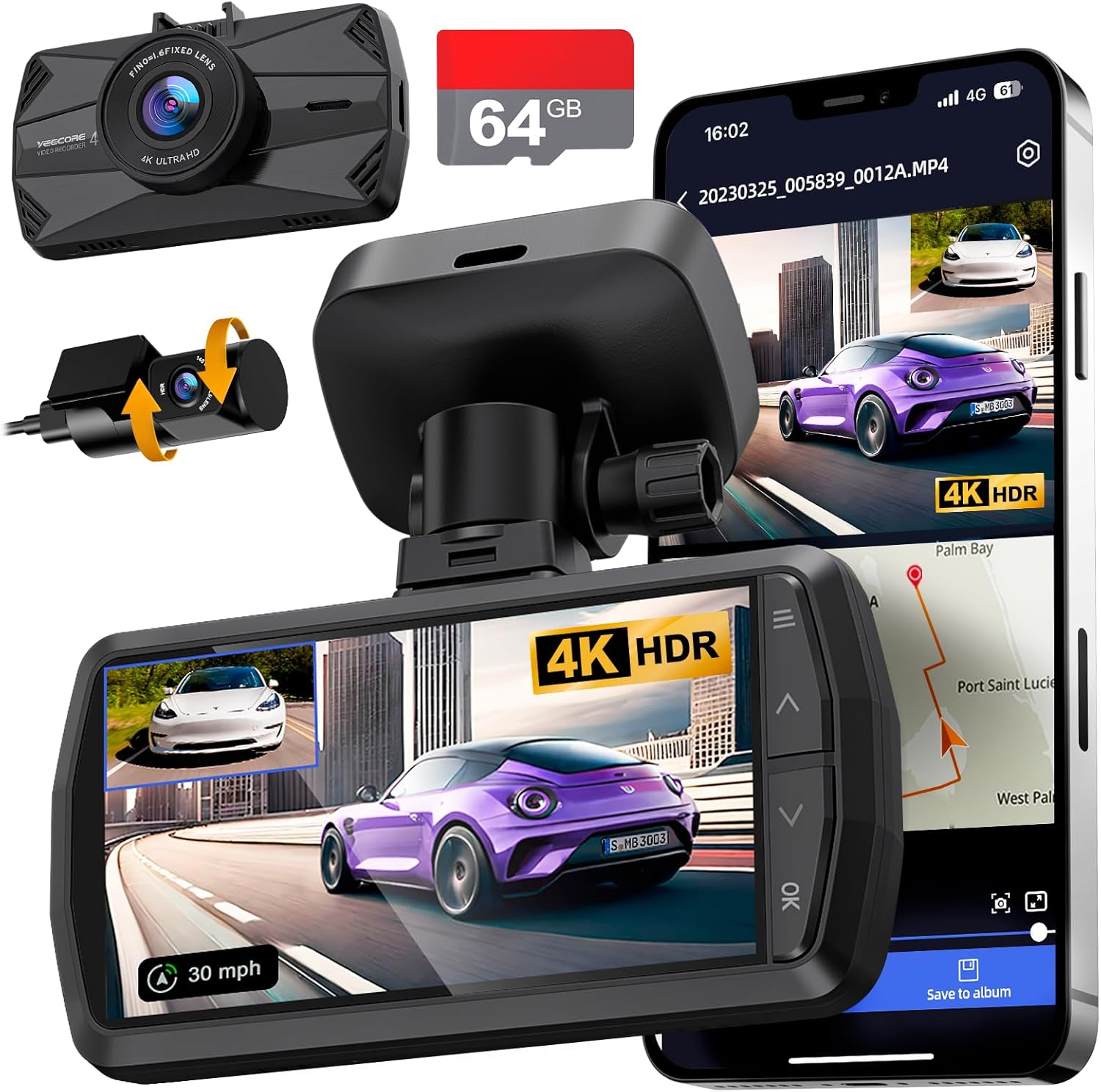 Dash Cam Front and Rear, Real 4K+1080P Dual Dash Cam, Built-in WiFi GPS, 3.3 Inch Eye-Care Screen, HDR Night Vision, 24H Parking Mode, 157°Wide Angle Dash Camera for Cars, Loop Recording